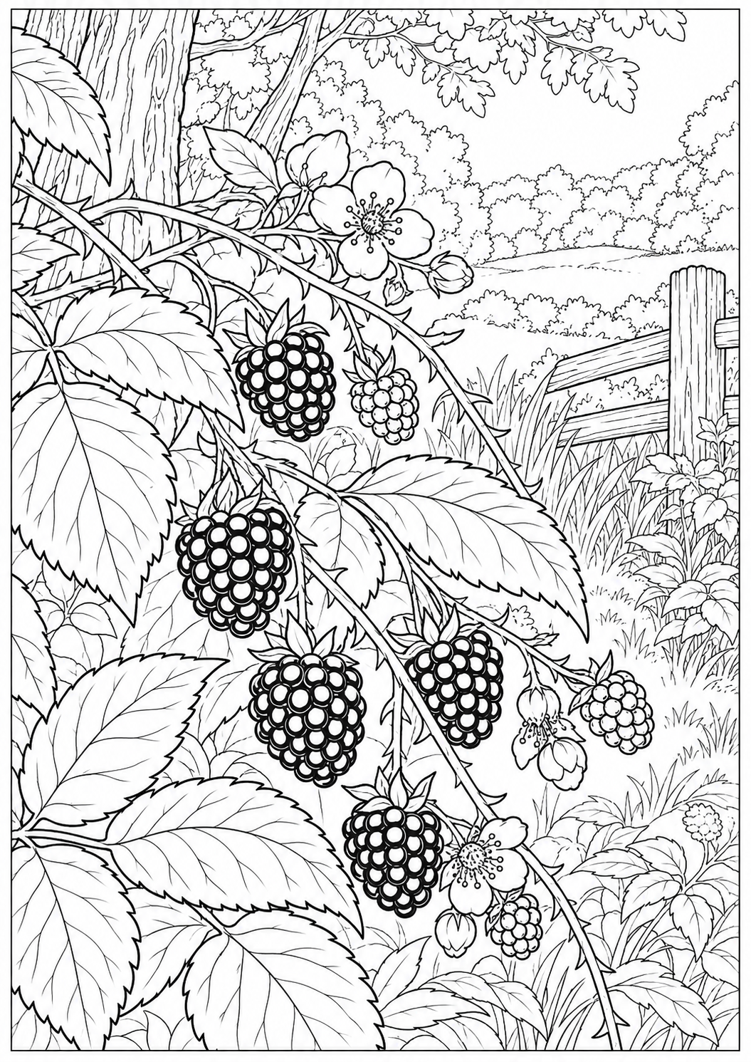 Blackberry branches at the woodland edge — black-and-white adult coloring page