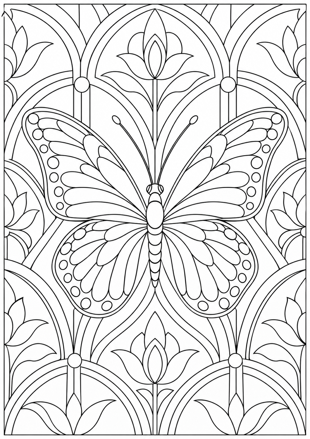 Butterfly with geometric arches — black-and-white adult coloring page