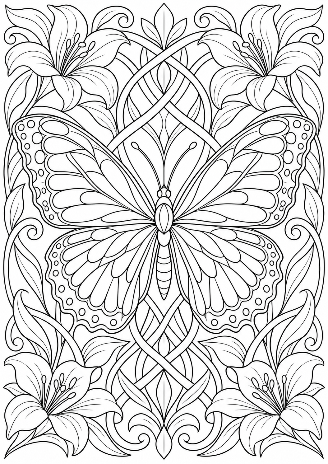 Butterfly with ornamental interlacing — black-and-white adult coloring page