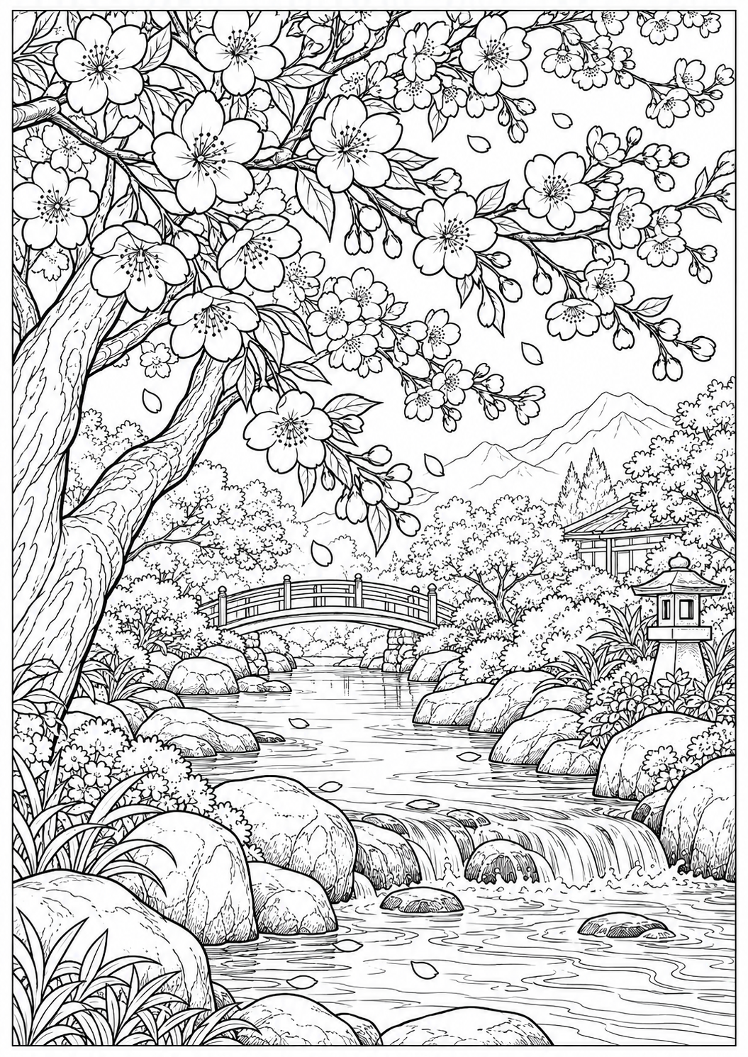 Cherry blossoms above a stream — black-and-white adult coloring page