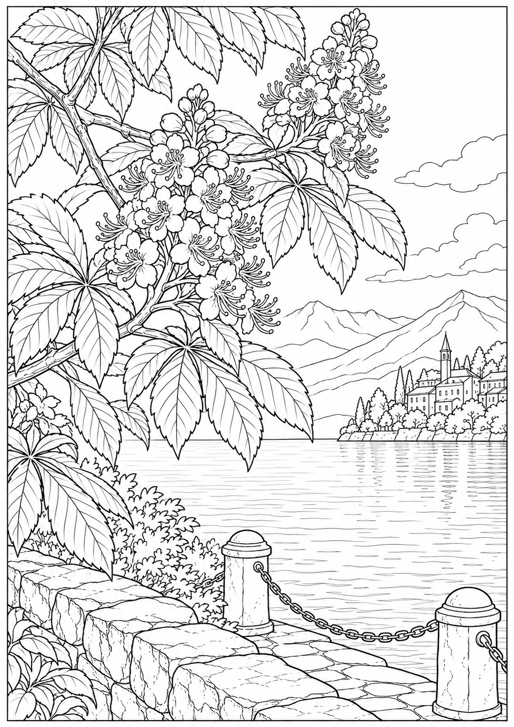 Chestnut blossoms by the waterside — black-and-white adult coloring page