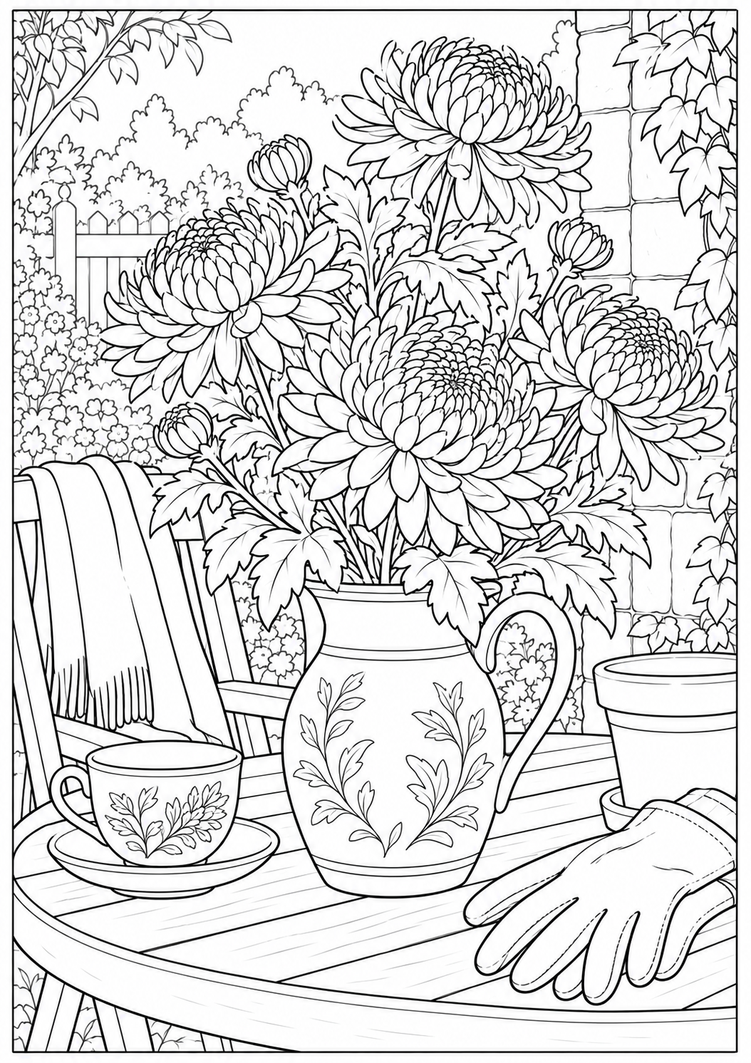 Chrysanthemums on a garden table — black-and-white adult coloring page