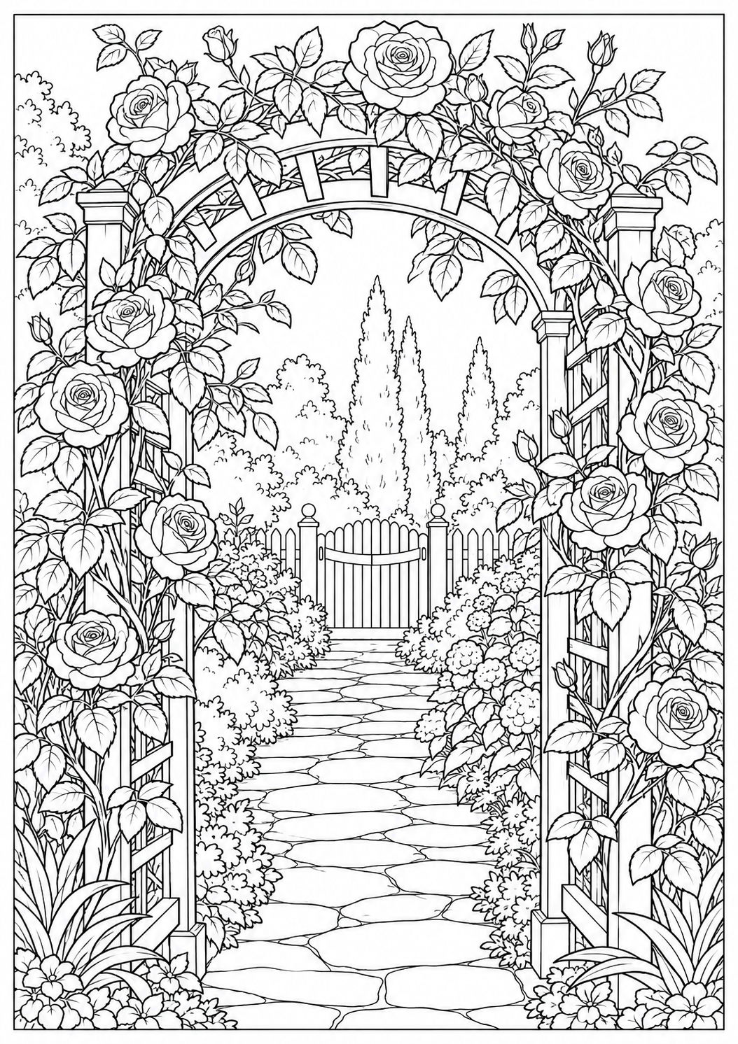 Climbing roses on an arbor — black-and-white adult coloring page