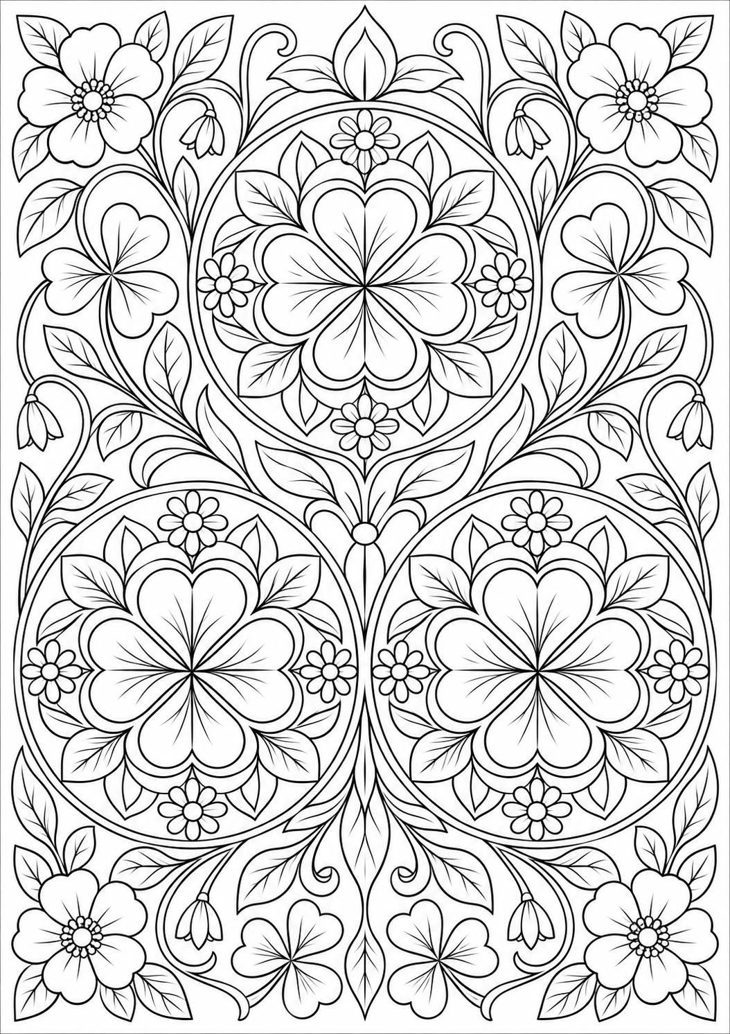 Clover with floral medallions — black-and-white adult coloring page