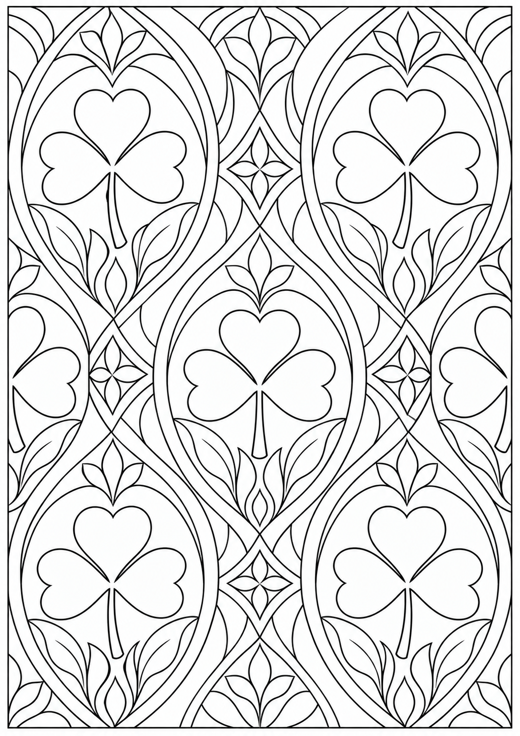 Clover with geometric arches — black-and-white adult coloring page