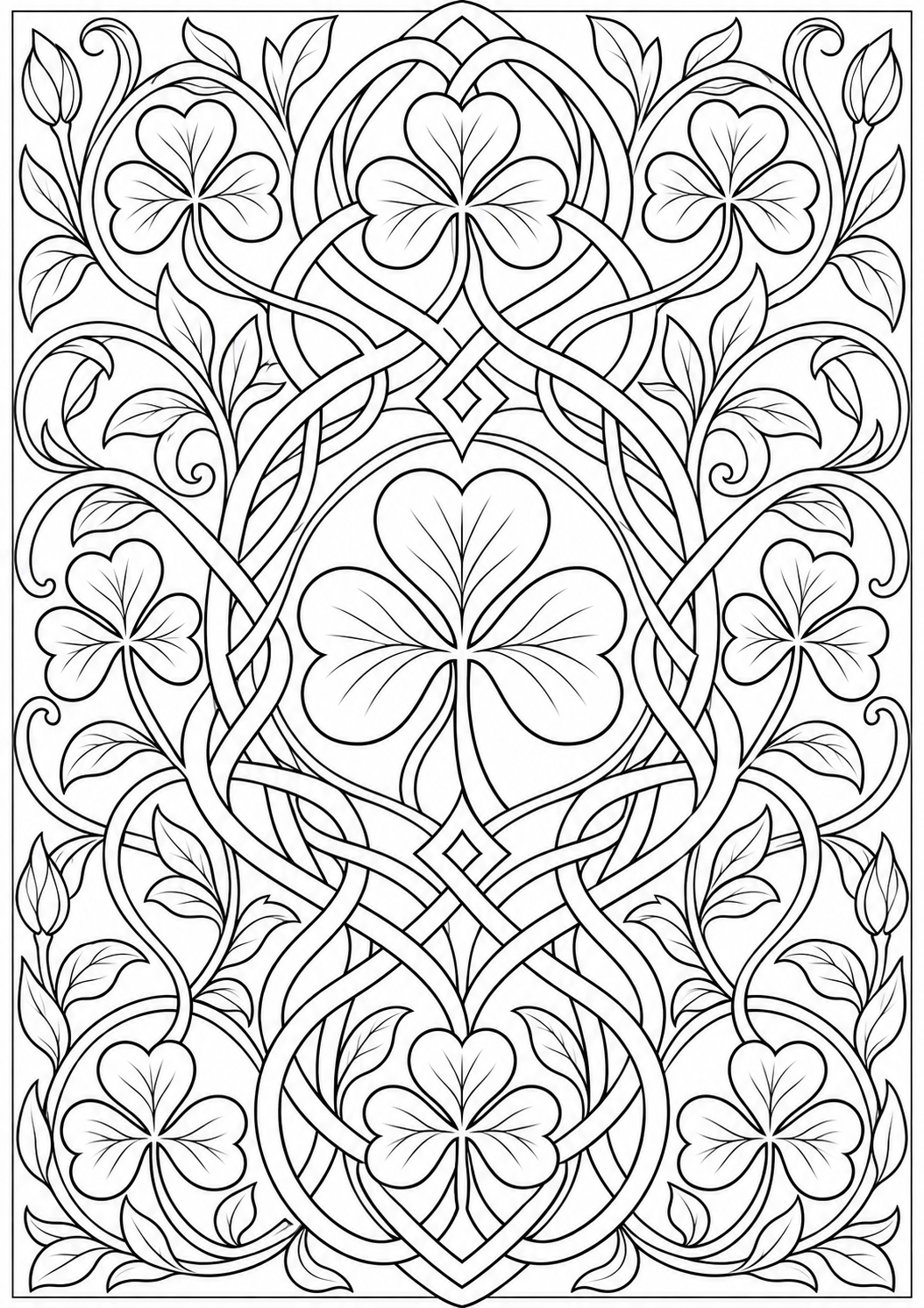 Clover with ornamental interlacing — black-and-white adult coloring page