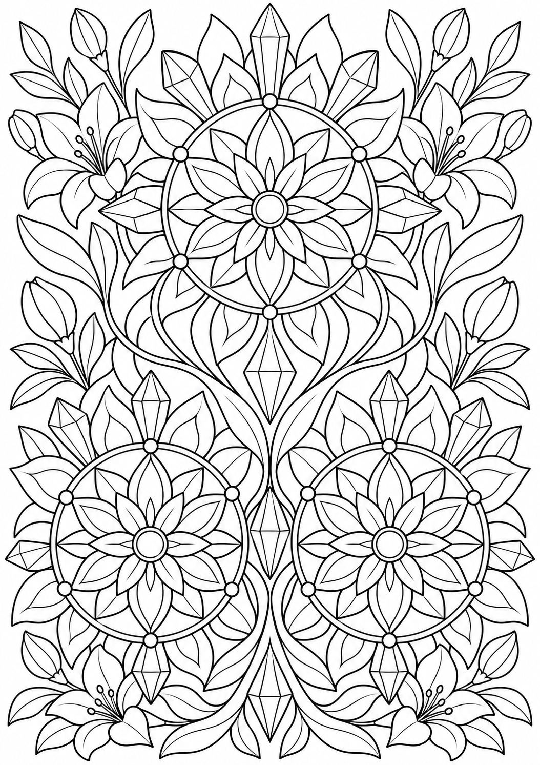 Crystal with floral medallions — black-and-white adult coloring page