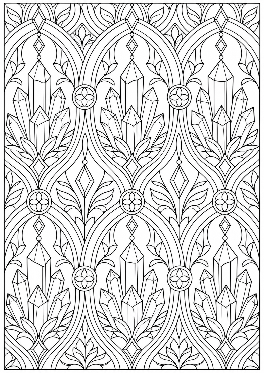 Crystal with geometric arches — black-and-white adult coloring page