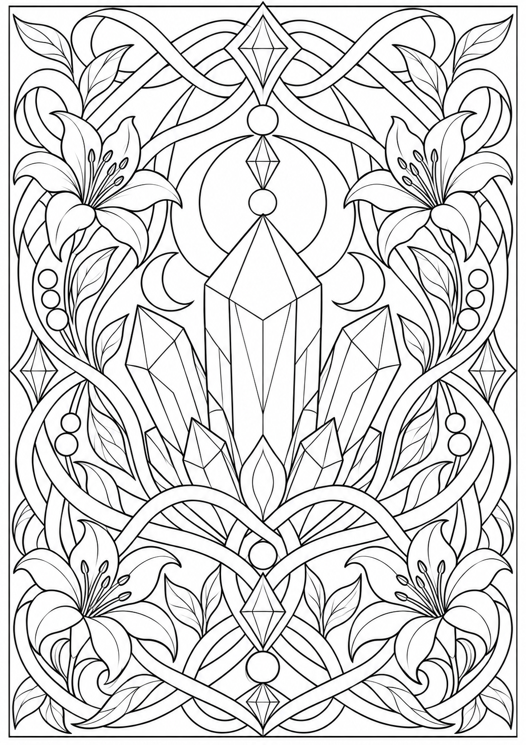 Crystal with ornamental interlacing — black-and-white adult coloring page