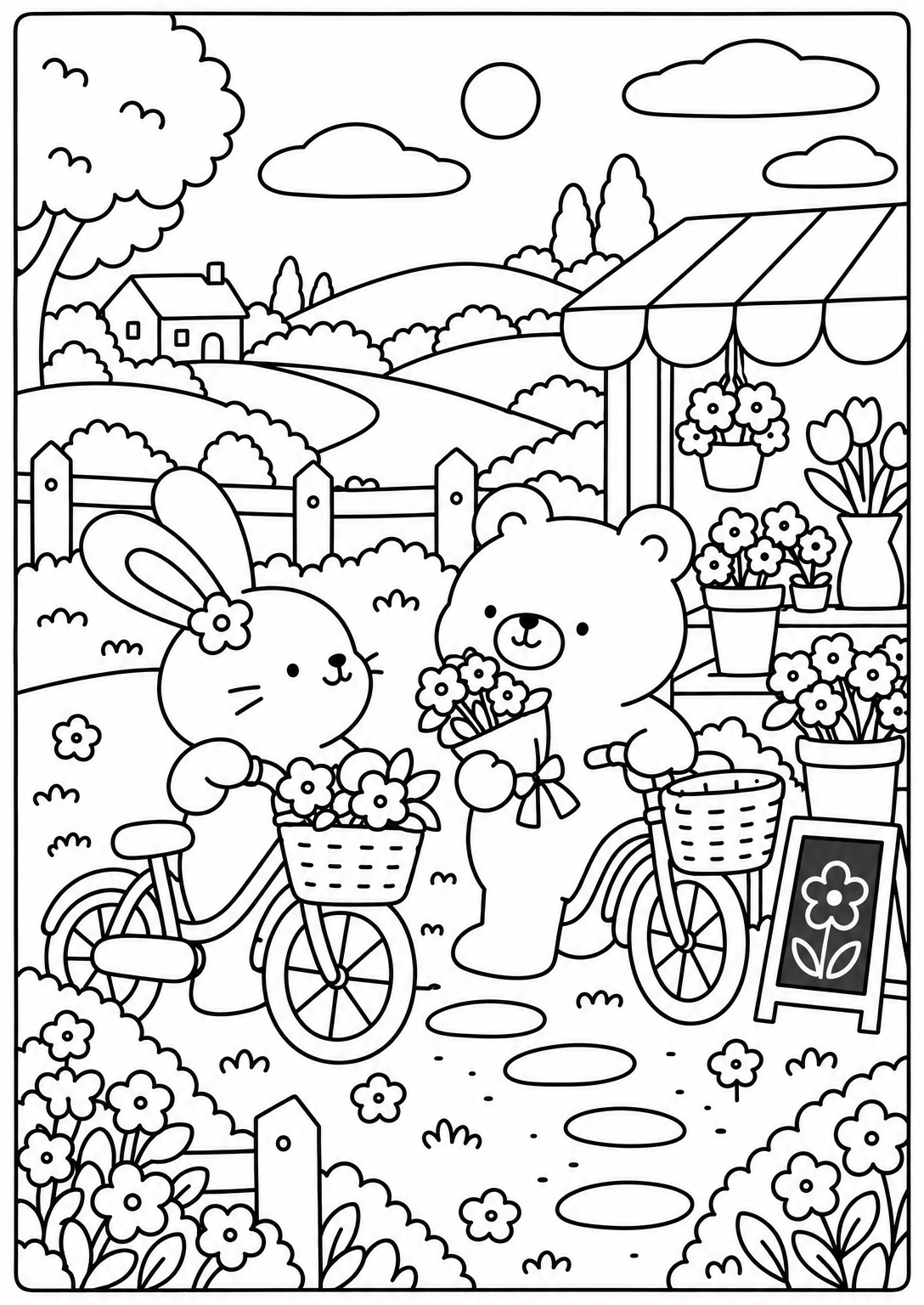 Cycling to the flower stand — adult coloring page