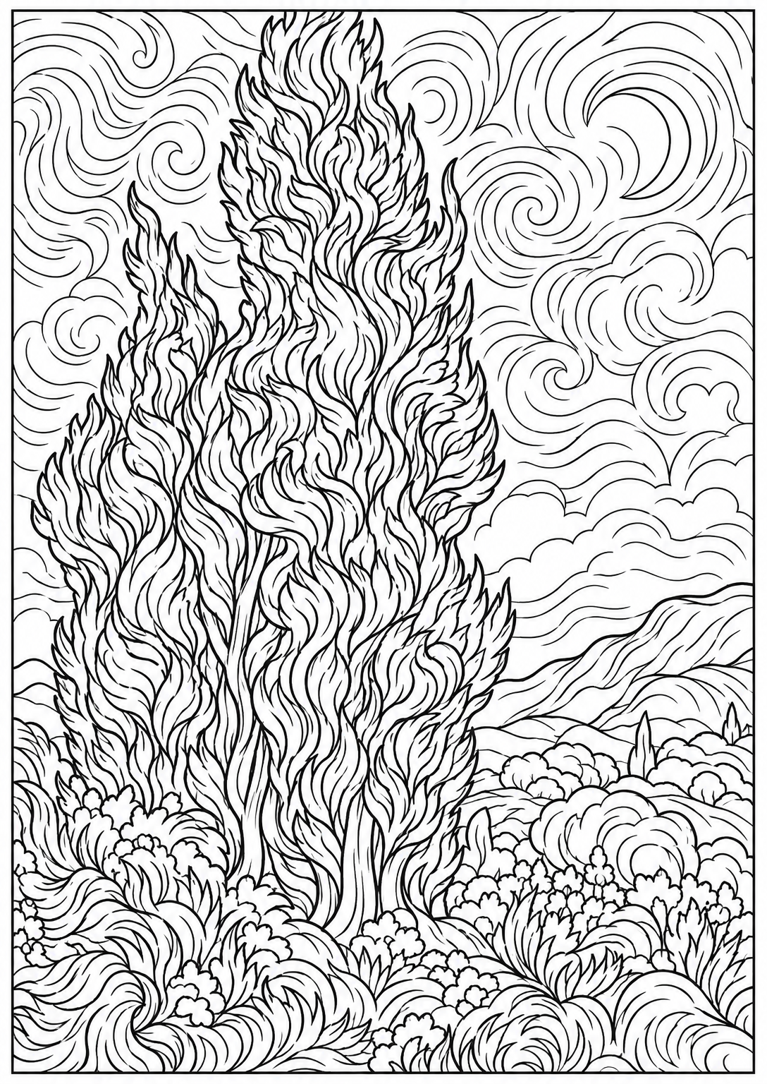 Cypresses in motion — adult coloring page