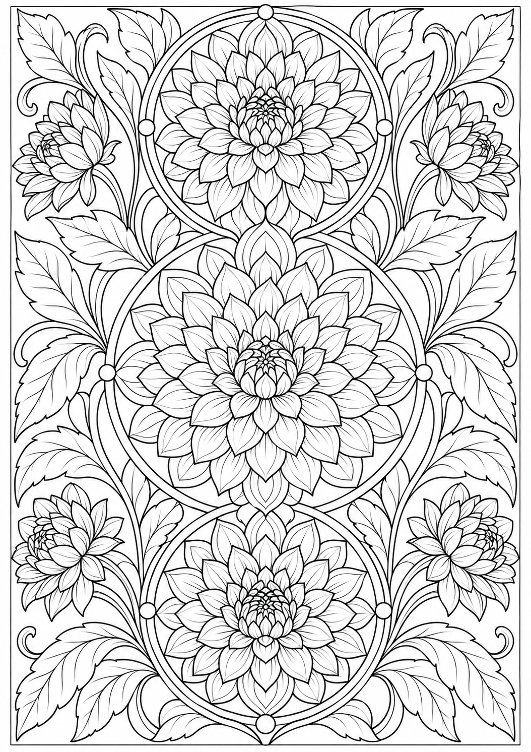 Dahlia with floral medallions — black-and-white adult coloring page