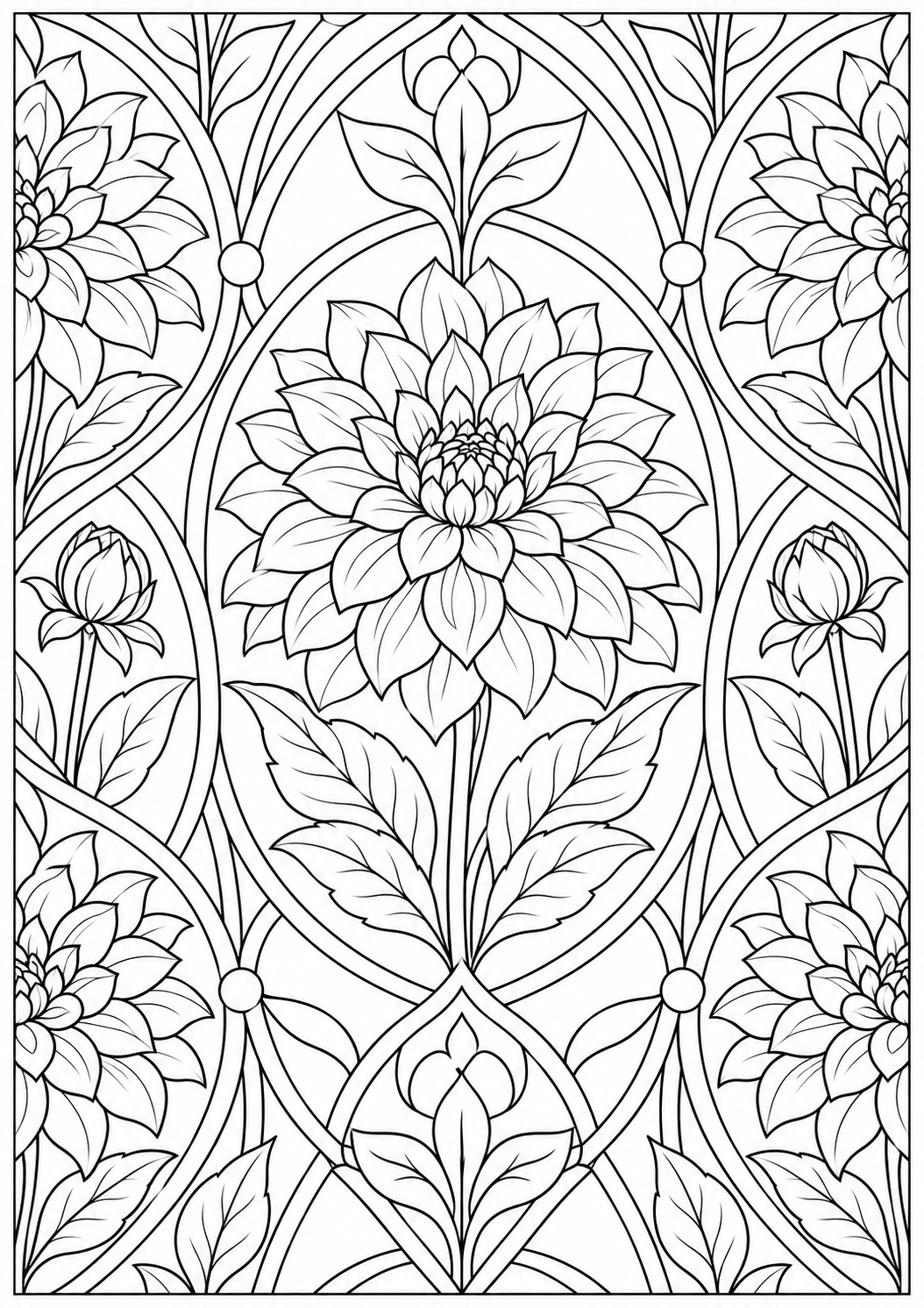 Dahlia with geometric arches — black-and-white adult coloring page