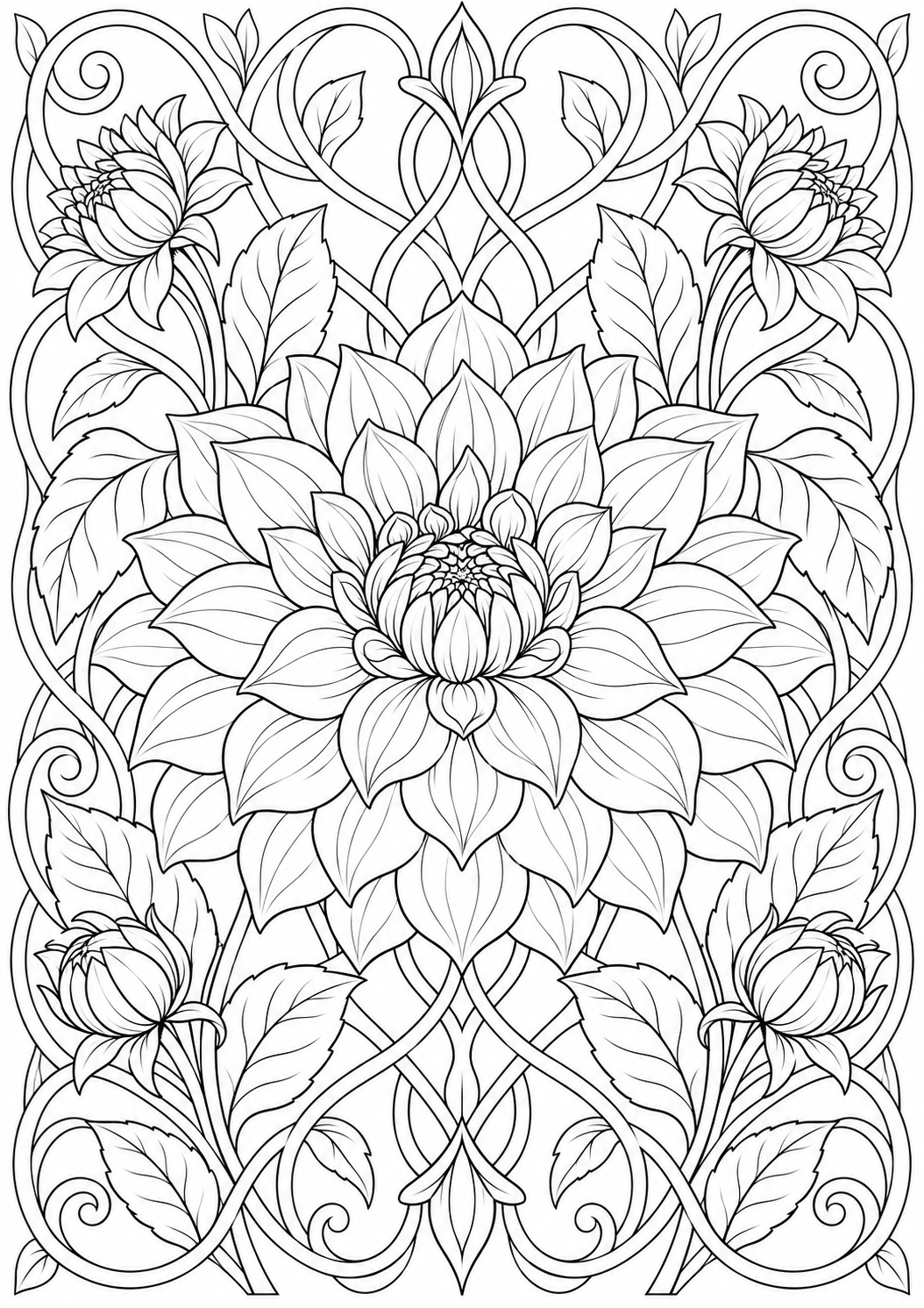 Dahlia with ornamental interlacing — black-and-white adult coloring page