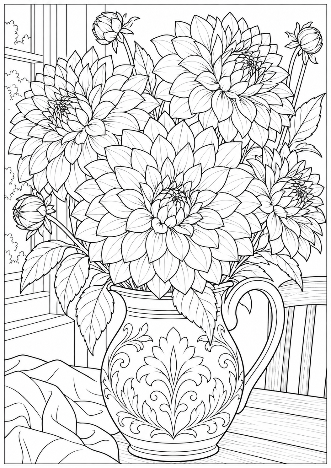 Dahlias in a vase — black-and-white adult coloring page