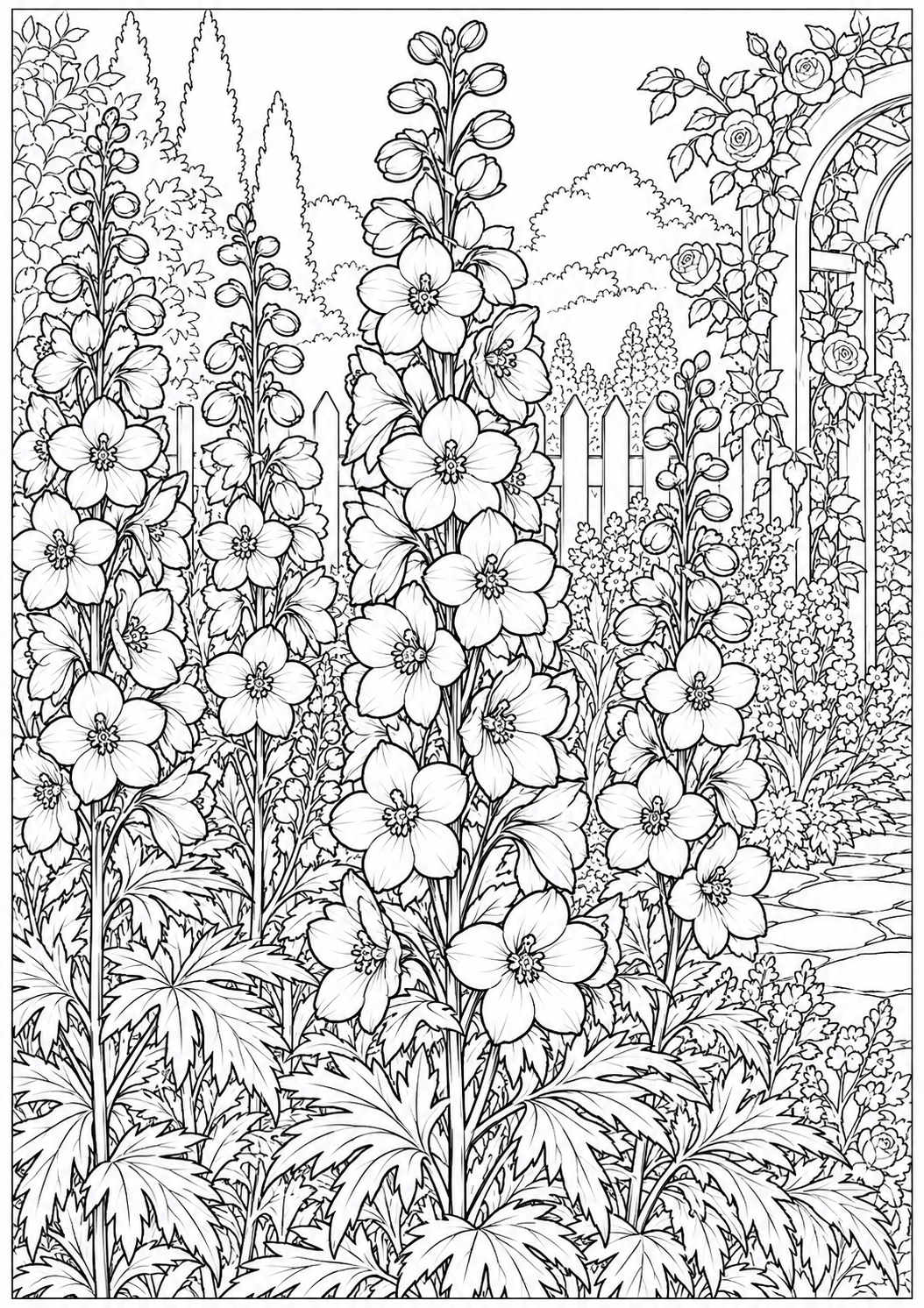 Delphiniums in a garden border — black-and-white adult coloring page