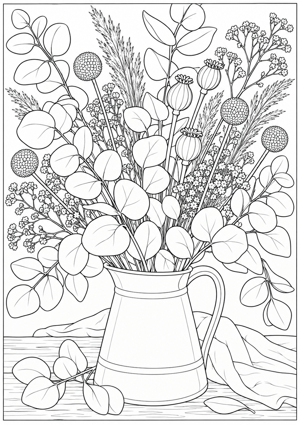 Eucalyptus and dried flowers — black-and-white adult coloring page