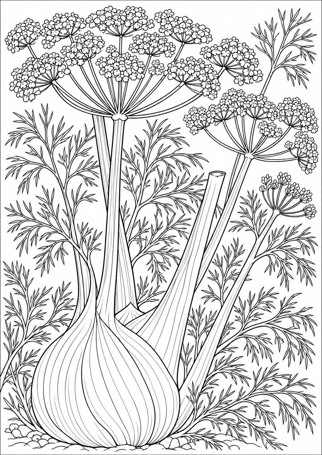 Fennel and umbel flowers — black-and-white adult coloring page