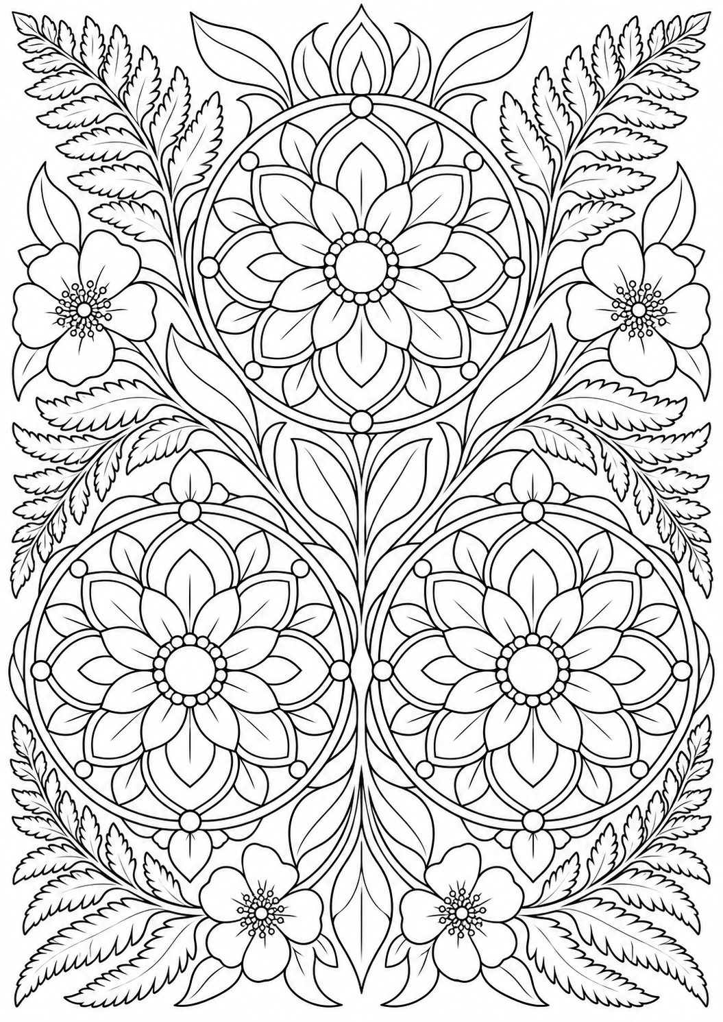 Fern with floral medallions — black-and-white adult coloring page