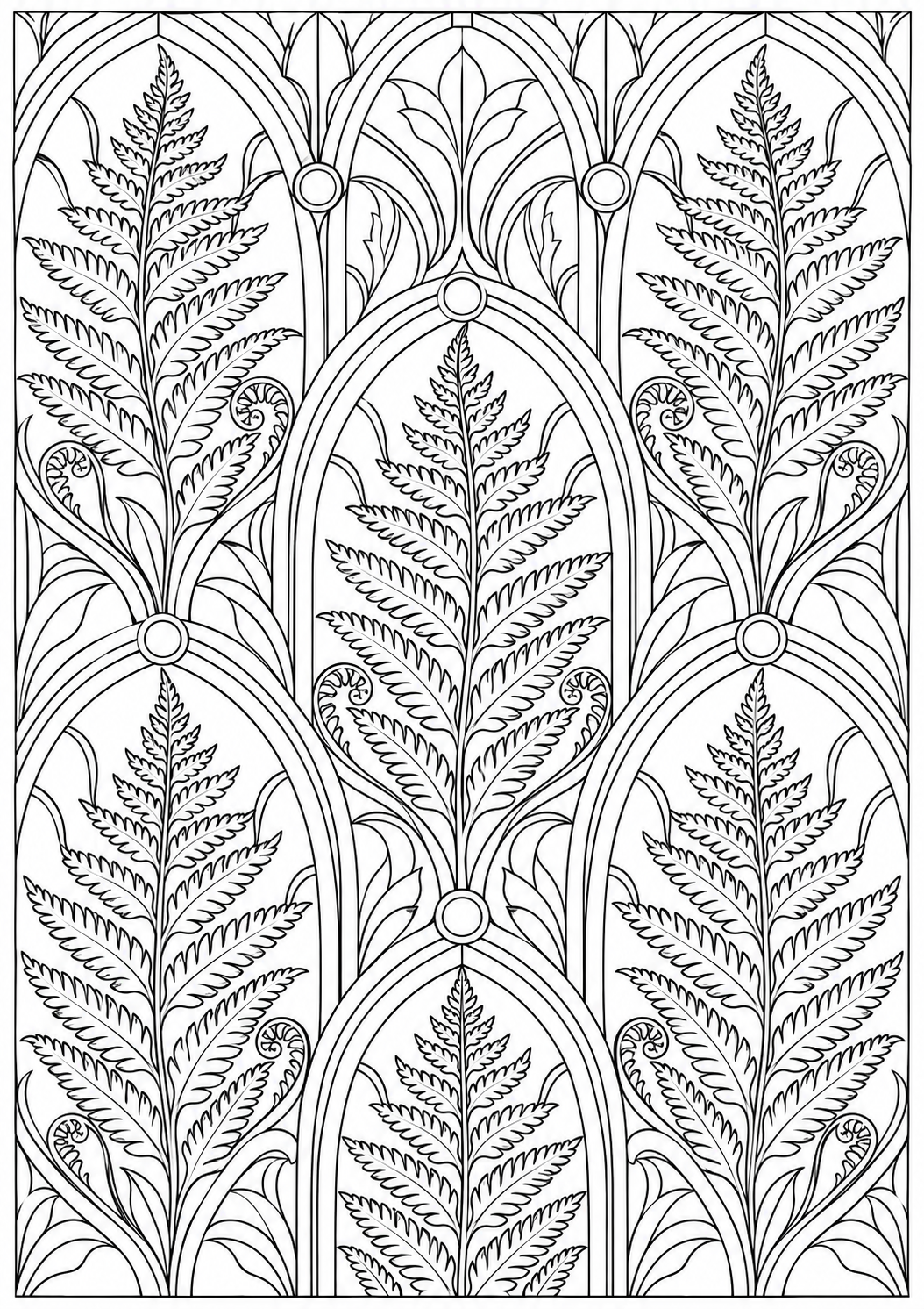 Fern with geometric arches — black-and-white adult coloring page