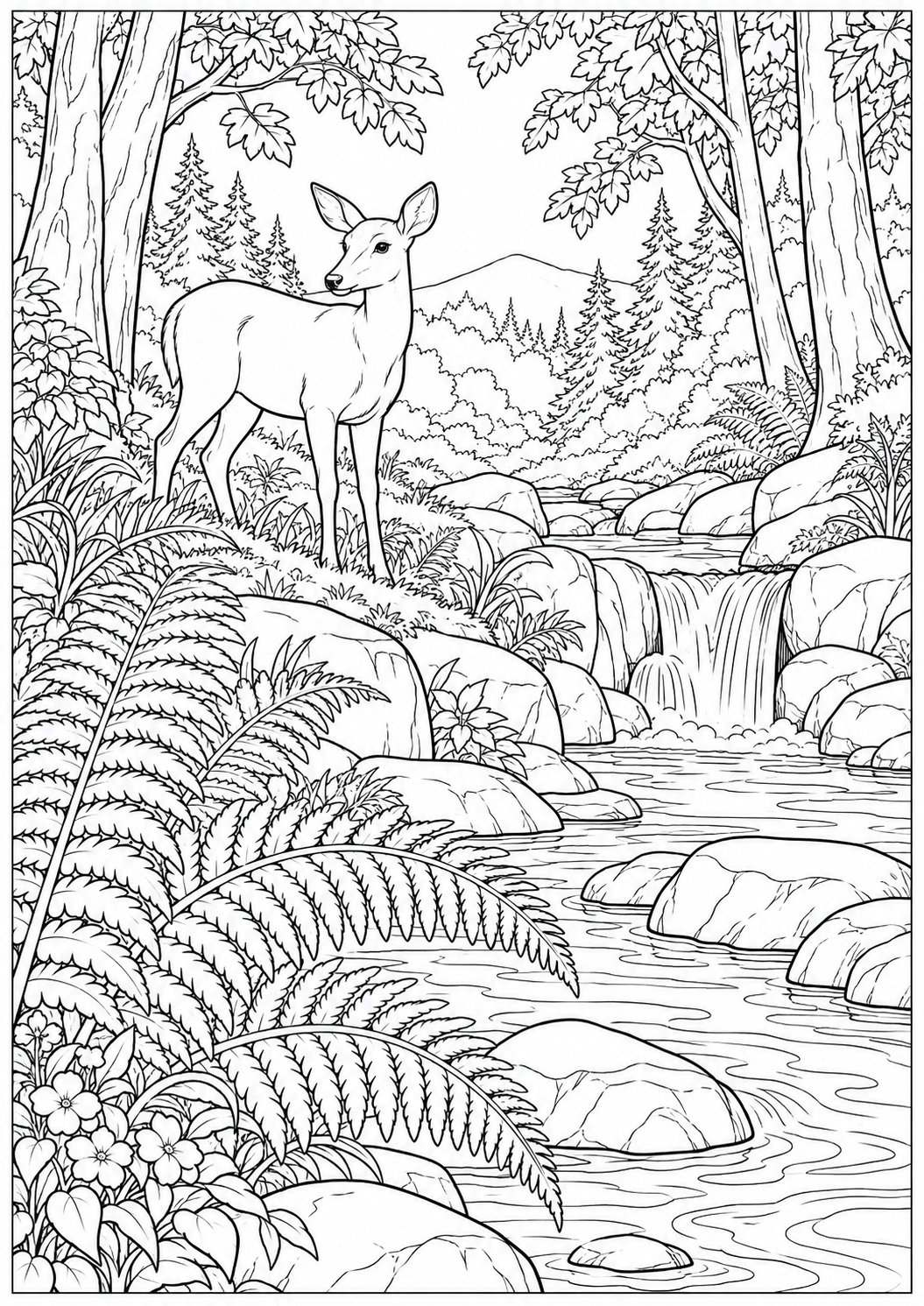 Fern woodland beside a brook — black-and-white adult coloring page