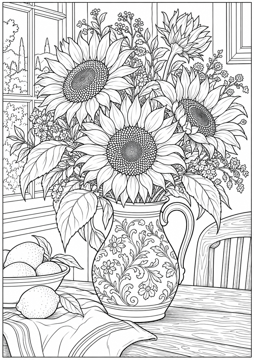 Floral still life with sunflowers — black-and-white adult coloring page