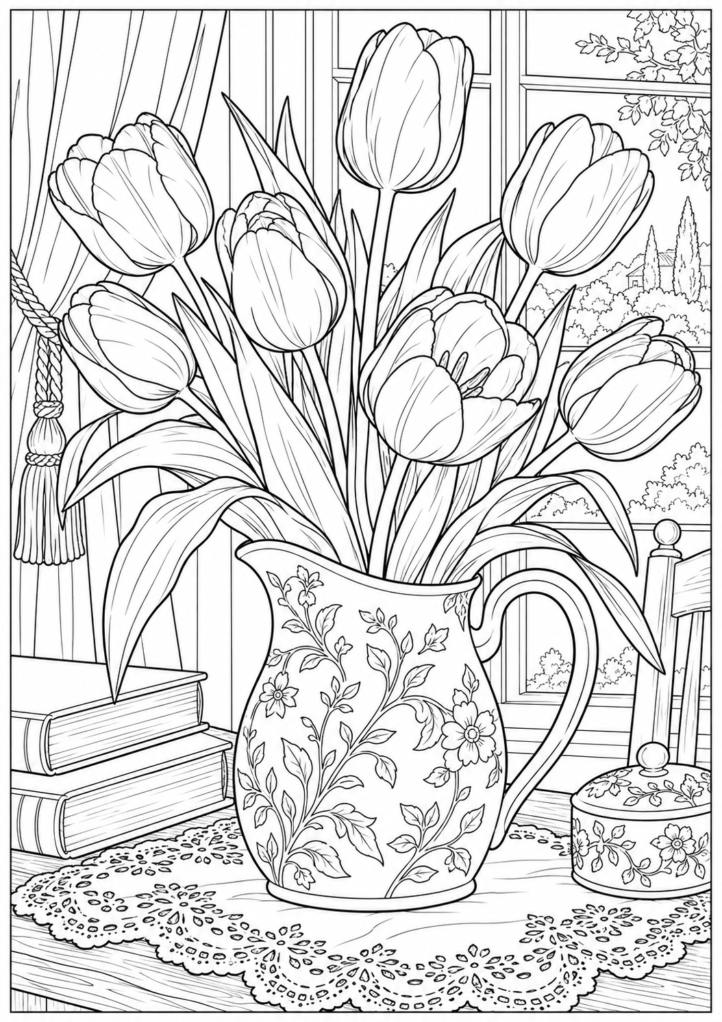 Floral still life with tulips — black-and-white adult coloring page