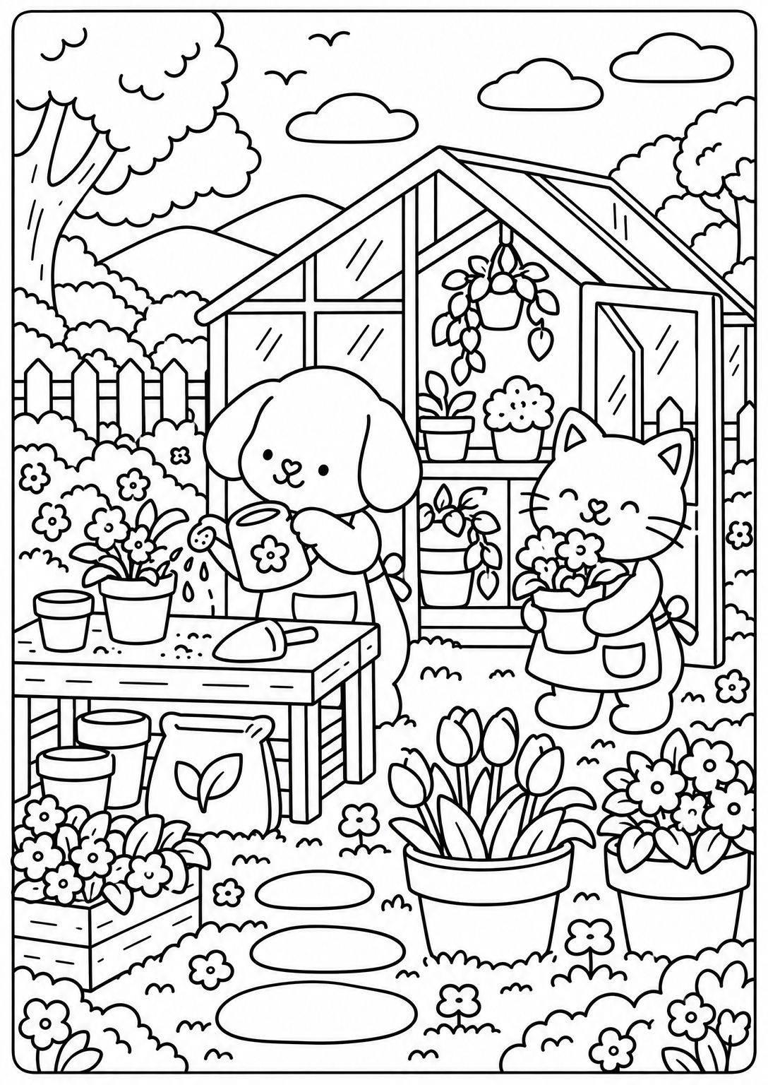 Flowers in the greenhouse — adult coloring page