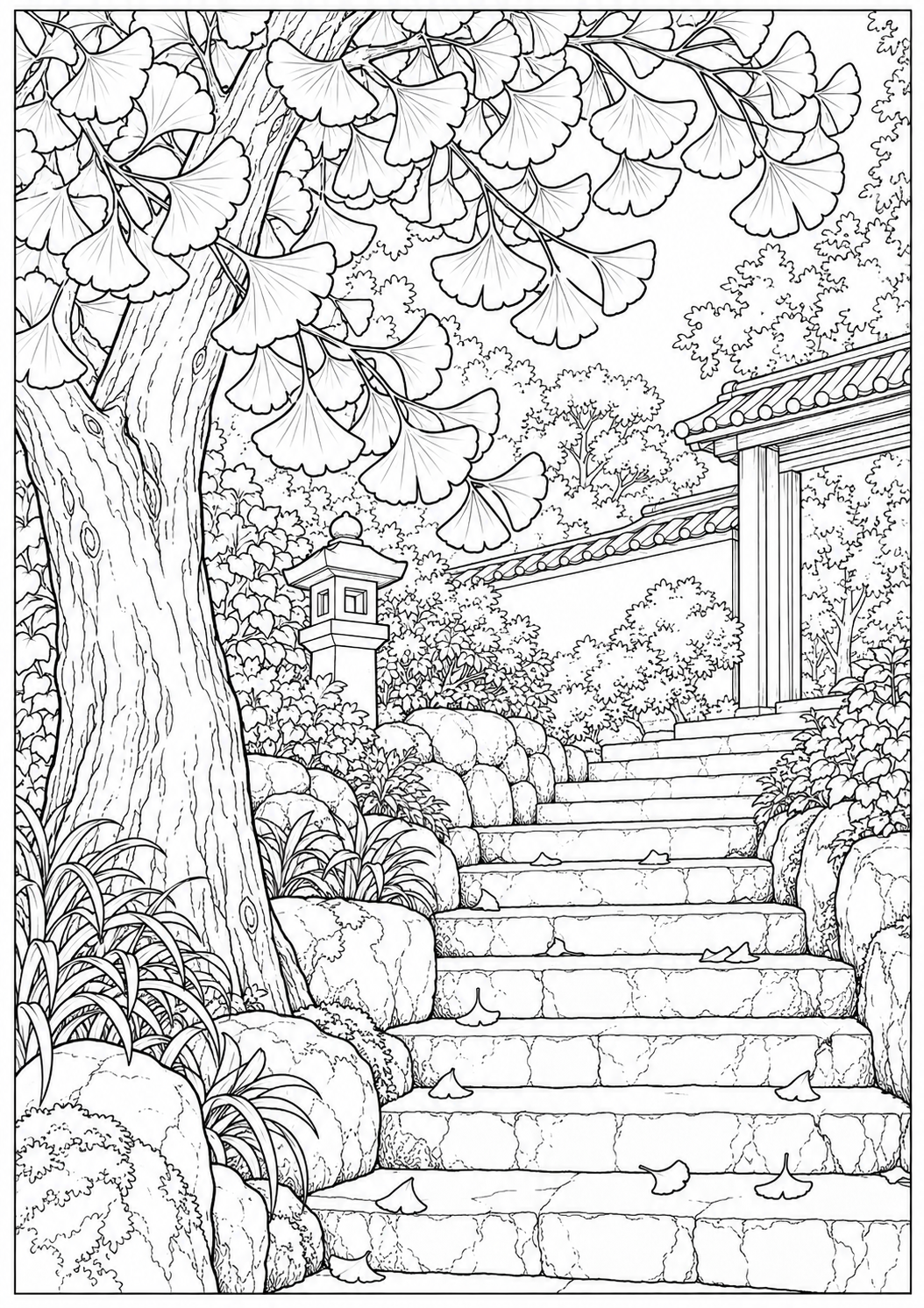 Ginkgo beside garden steps — black-and-white adult coloring page