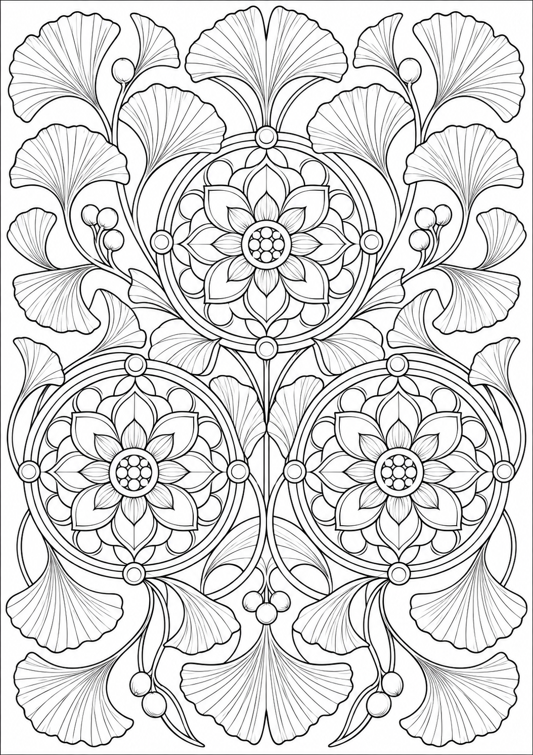 Ginkgo leaf with floral medallions — black-and-white adult coloring page