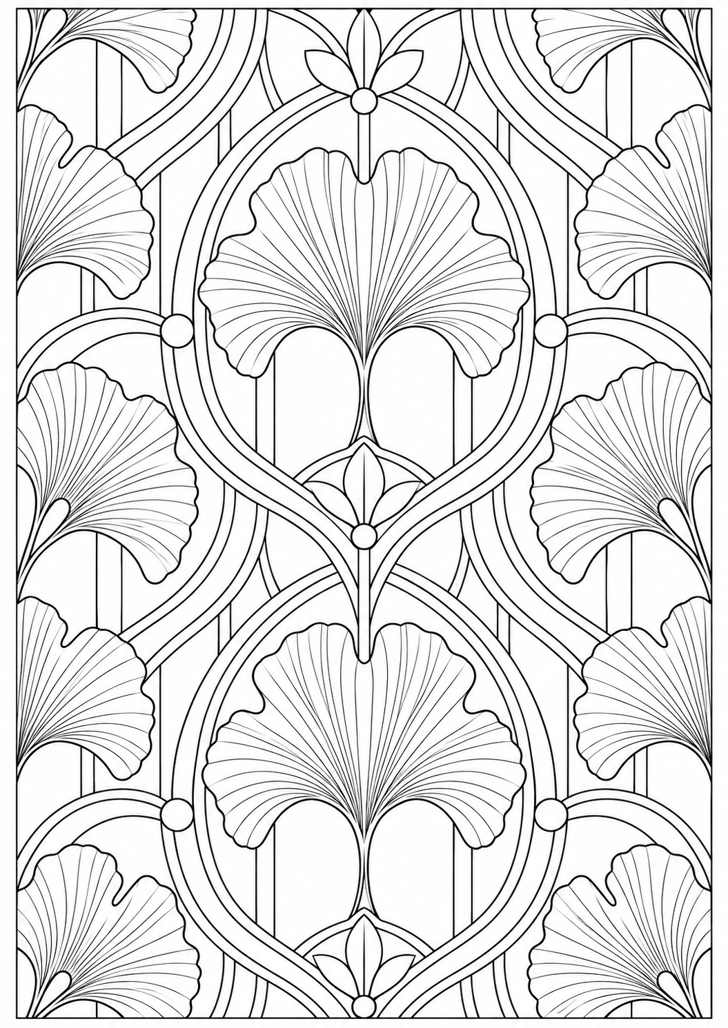 Ginkgo leaf with geometric arches — black-and-white adult coloring page
