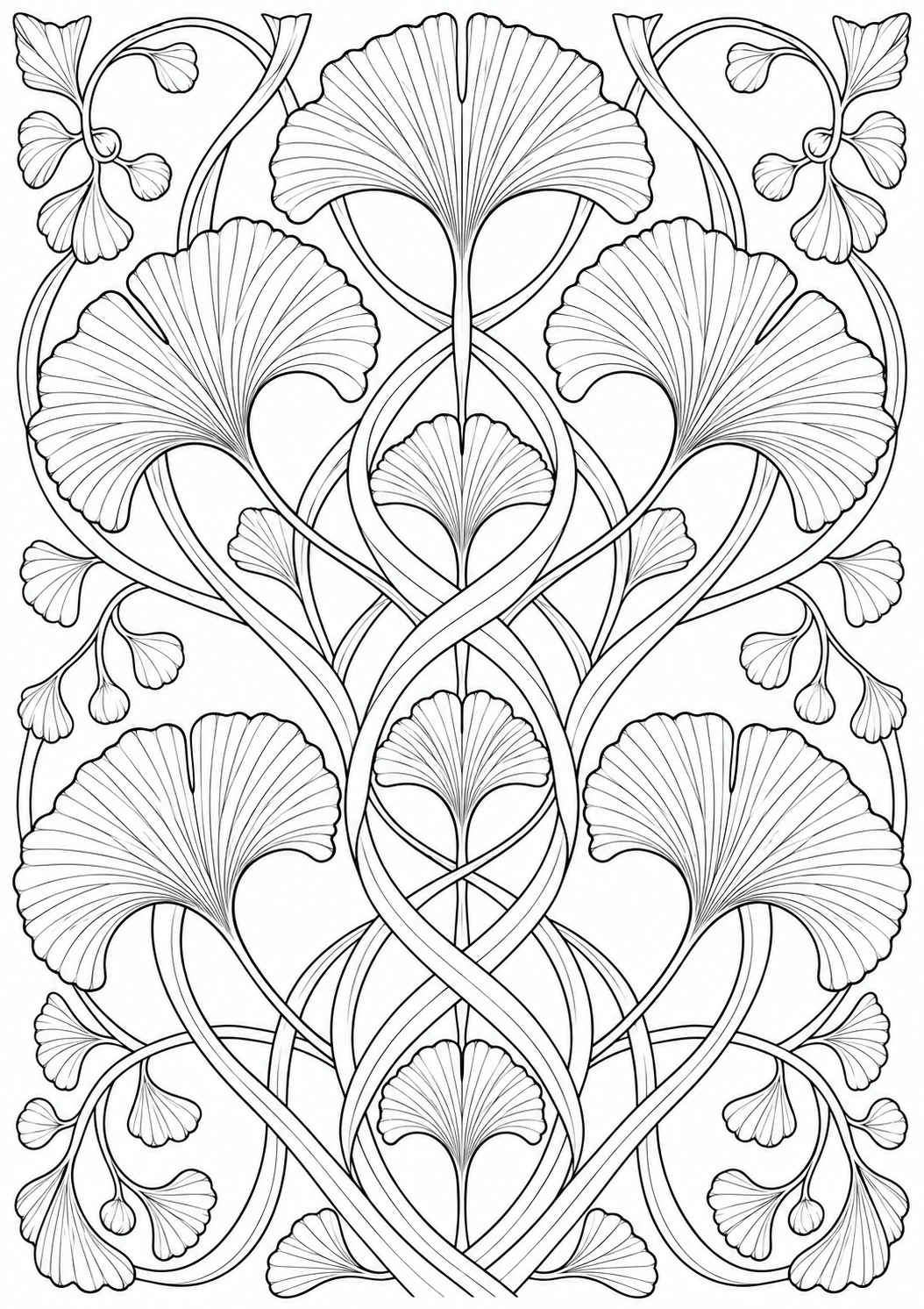 Ginkgo leaf with ornamental interlacing — black-and-white adult coloring page