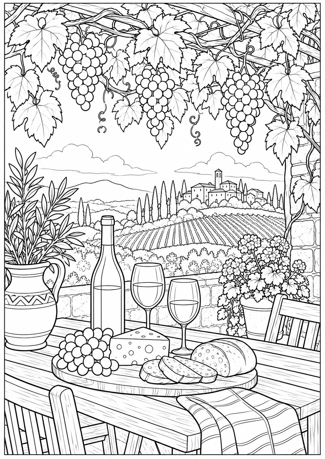 Grapevines above a table — black-and-white adult coloring page