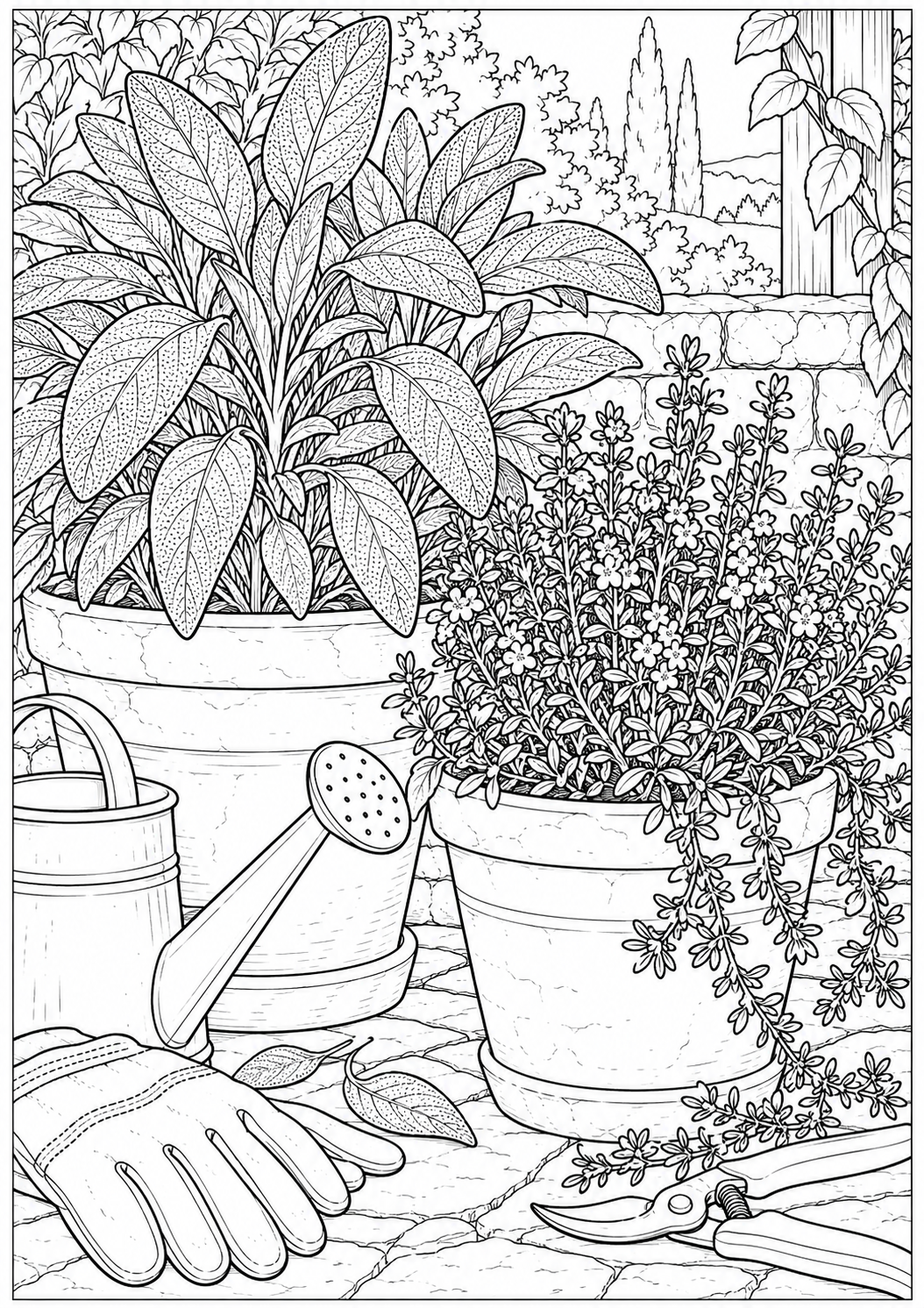 Herb garden with sage and thyme — black-and-white adult coloring page
