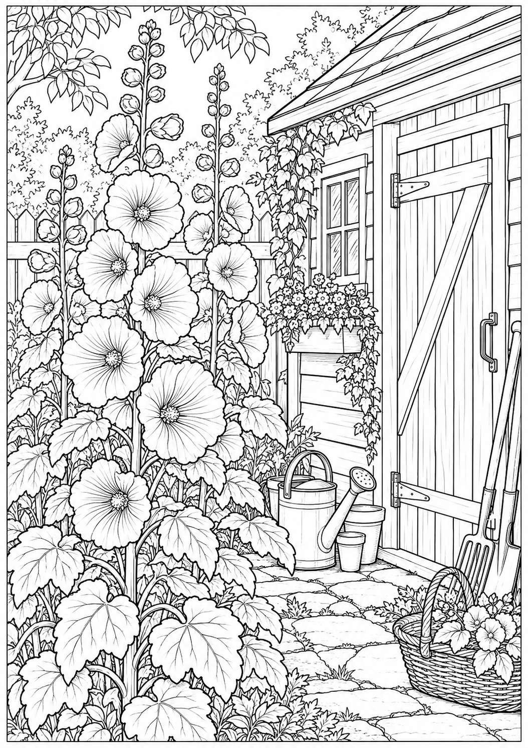 Hollyhocks beside a garden shed — black-and-white adult coloring page