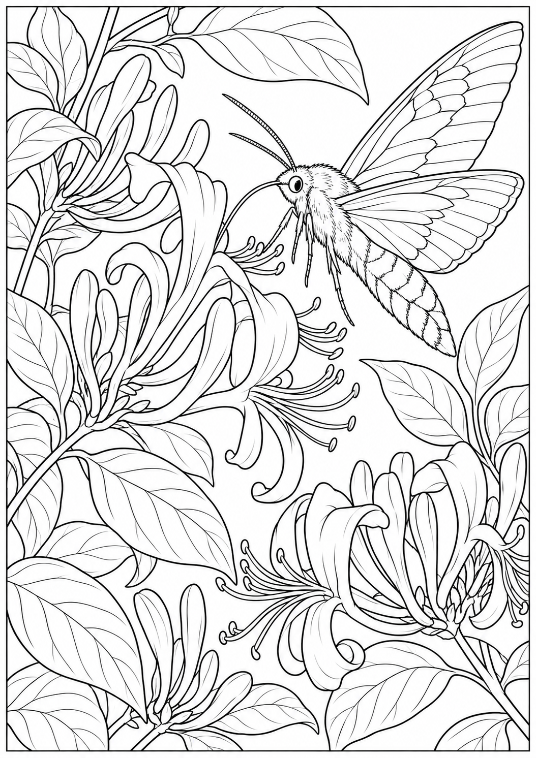 Honeysuckle and a moth — black-and-white adult coloring page