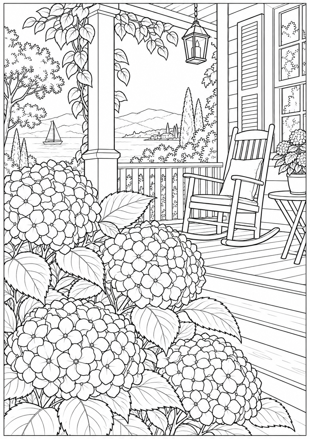 Hydrangeas by the veranda — black-and-white adult coloring page