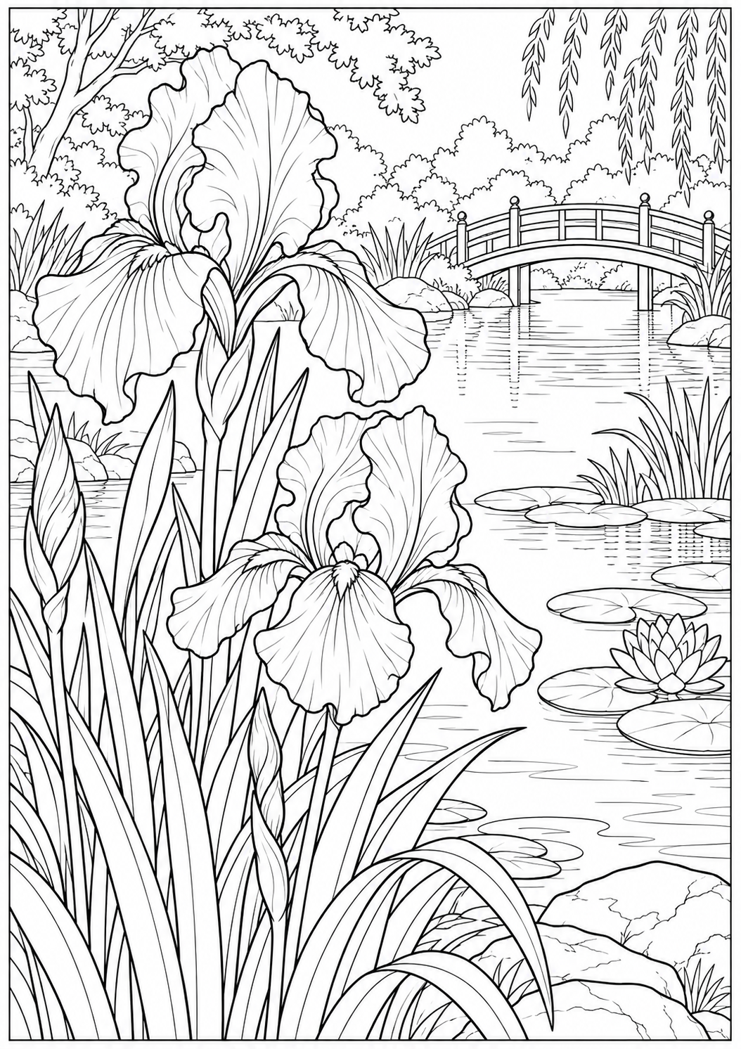 Irises beside a pond — black-and-white adult coloring page