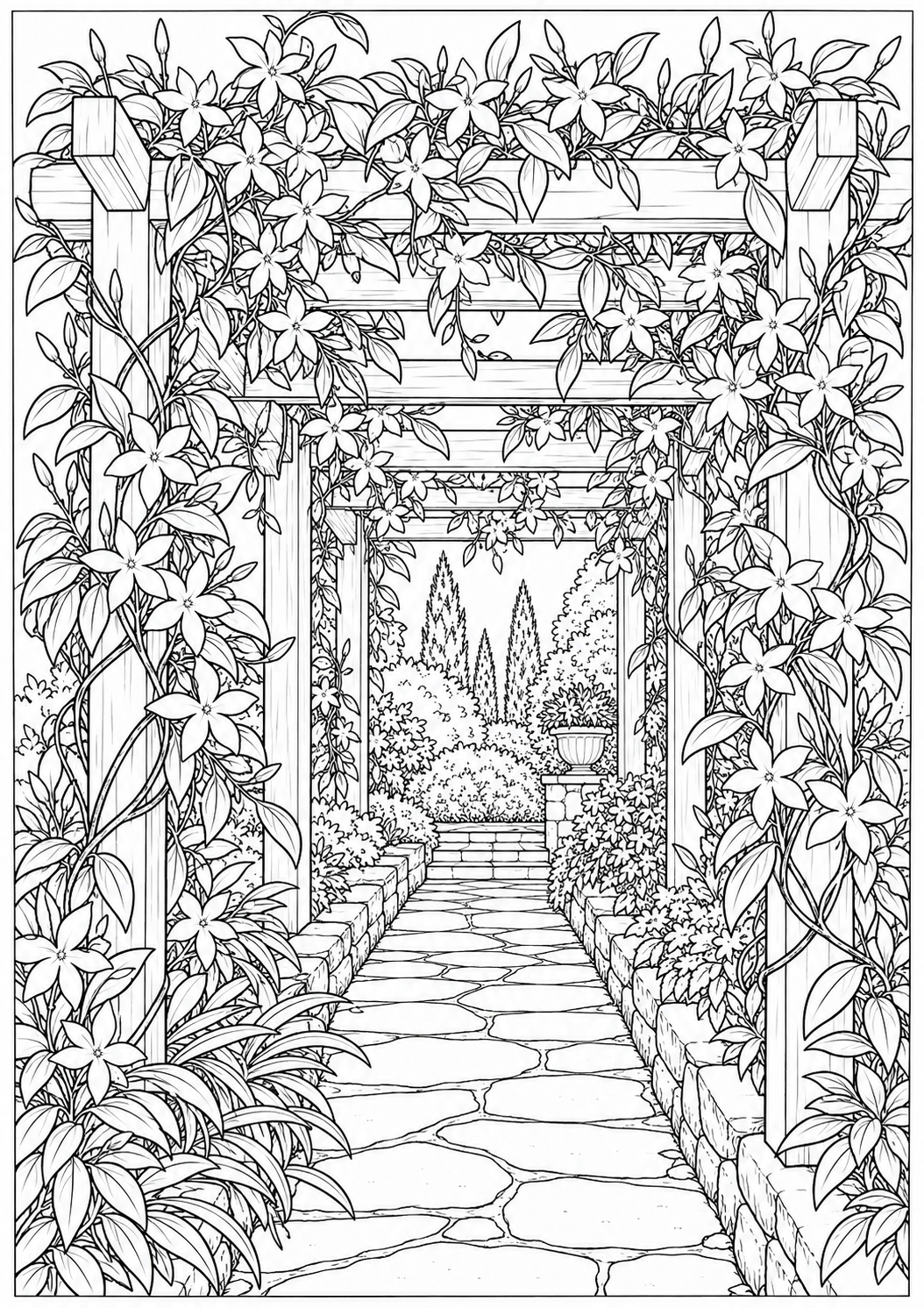 Jasmine around a pergola — black-and-white adult coloring page