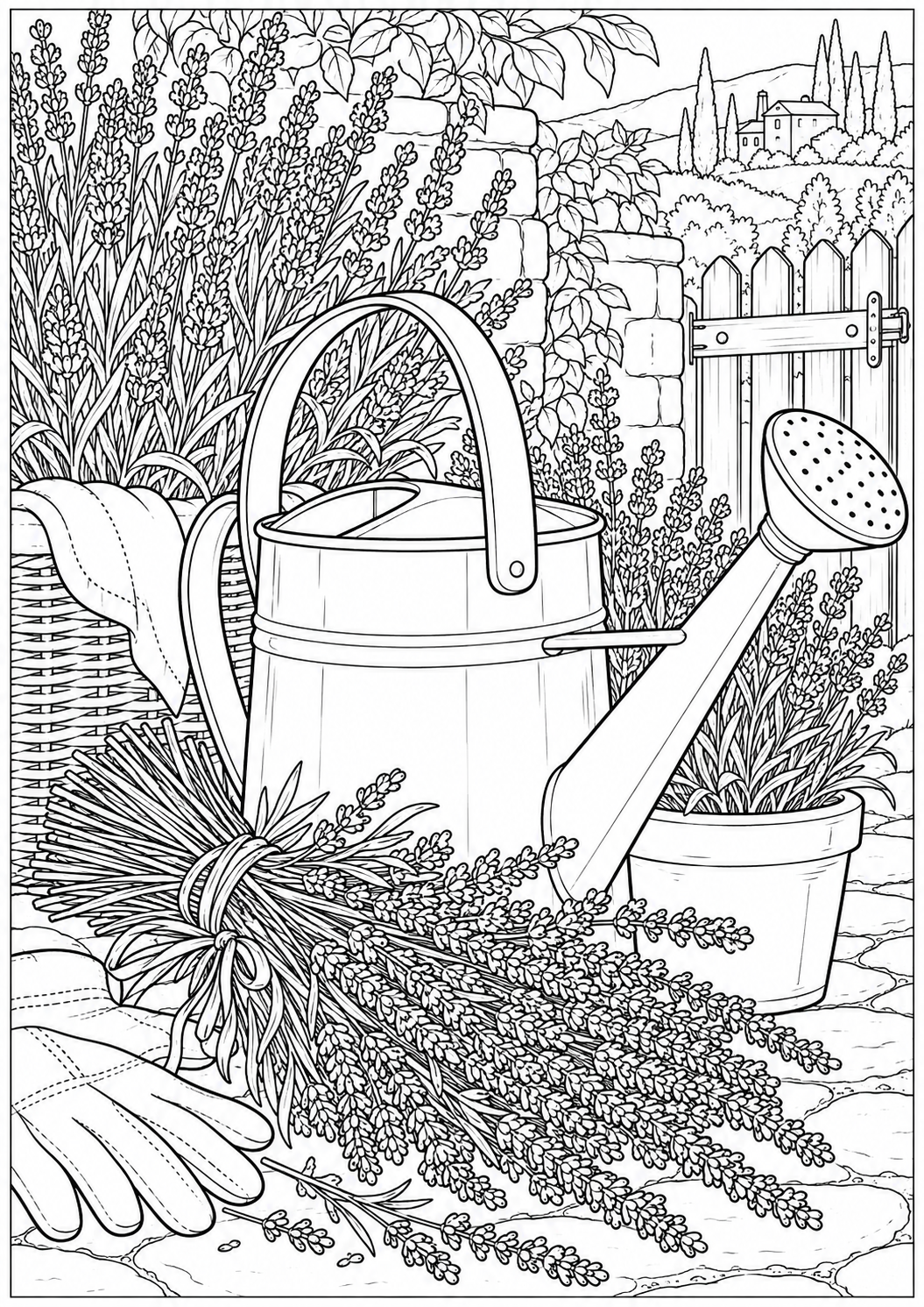 Lavender and a watering can — black-and-white adult coloring page