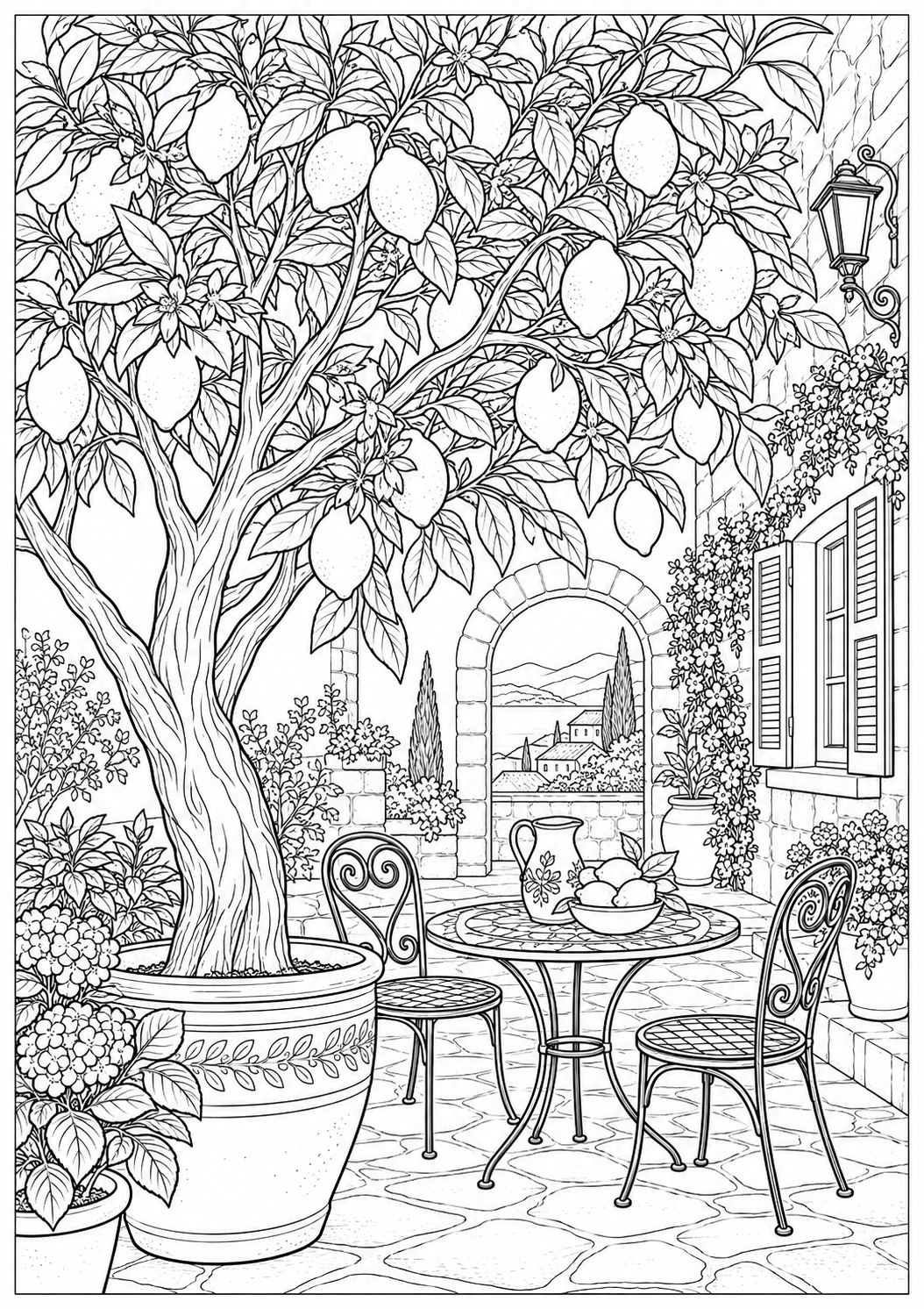 Lemon tree in a courtyard — black-and-white adult coloring page