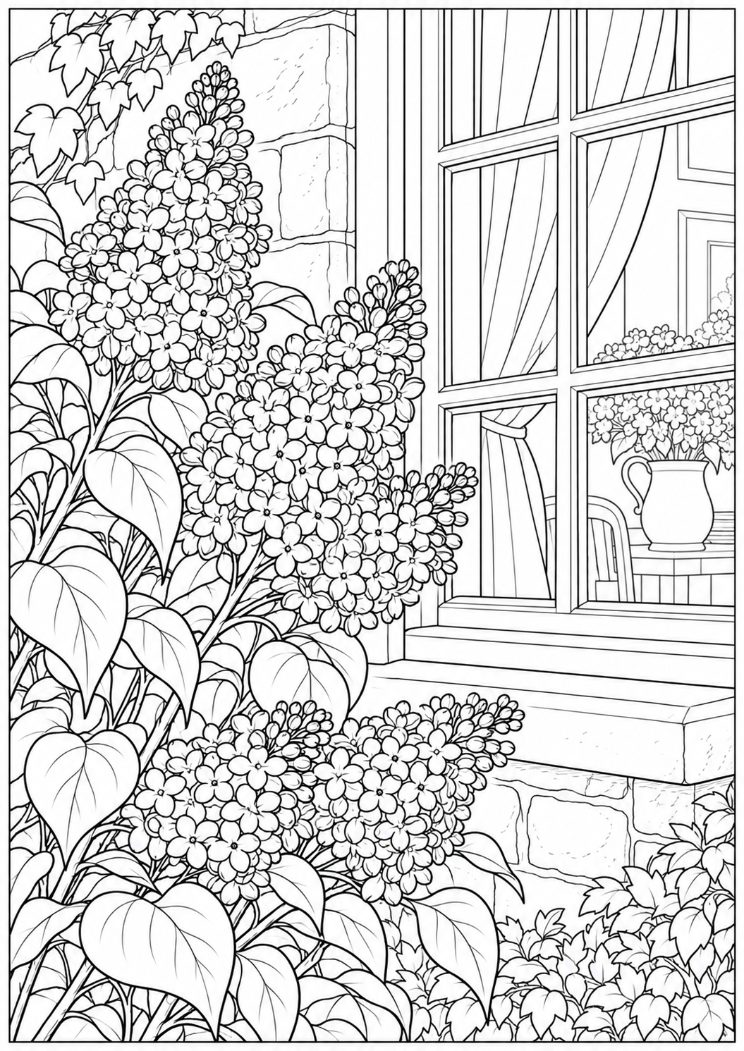Lilacs beside a garden window — black-and-white adult coloring page