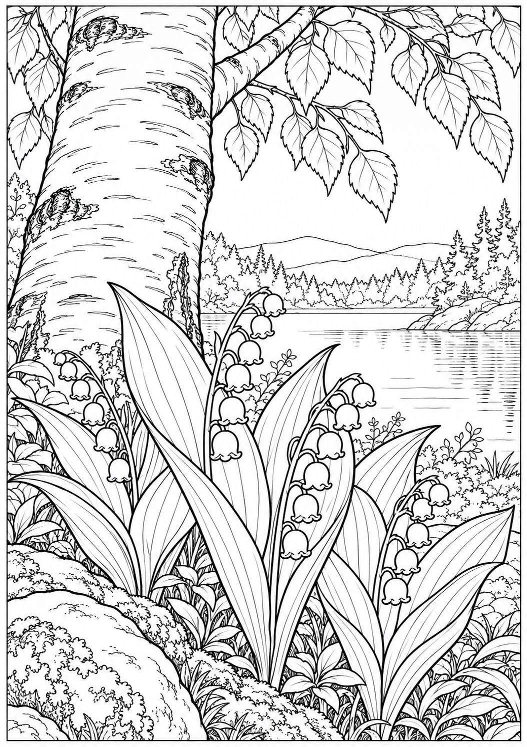 Lily of the valley beneath a birch — black-and-white adult coloring page