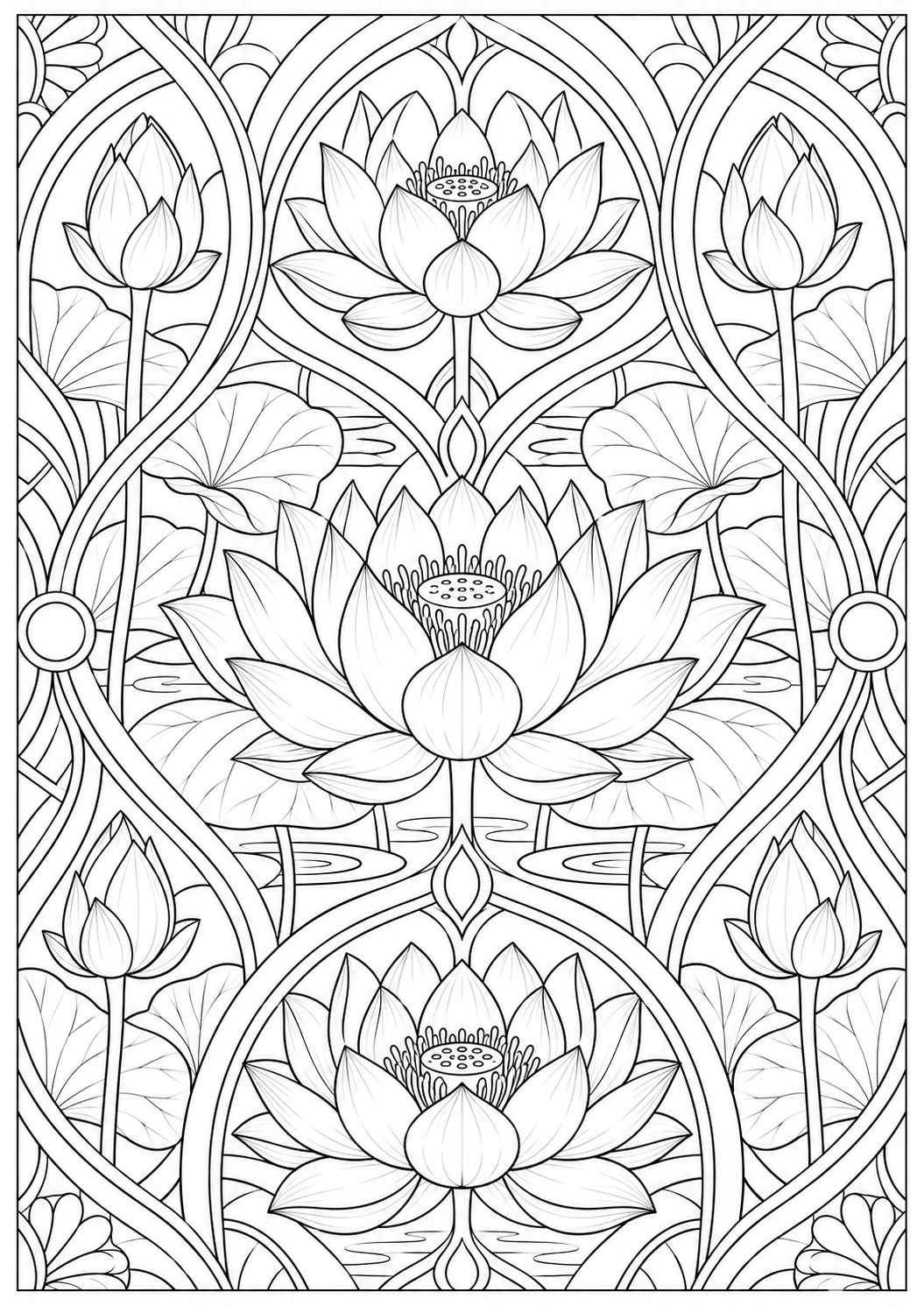 Lotus with geometric arches — black-and-white adult coloring page