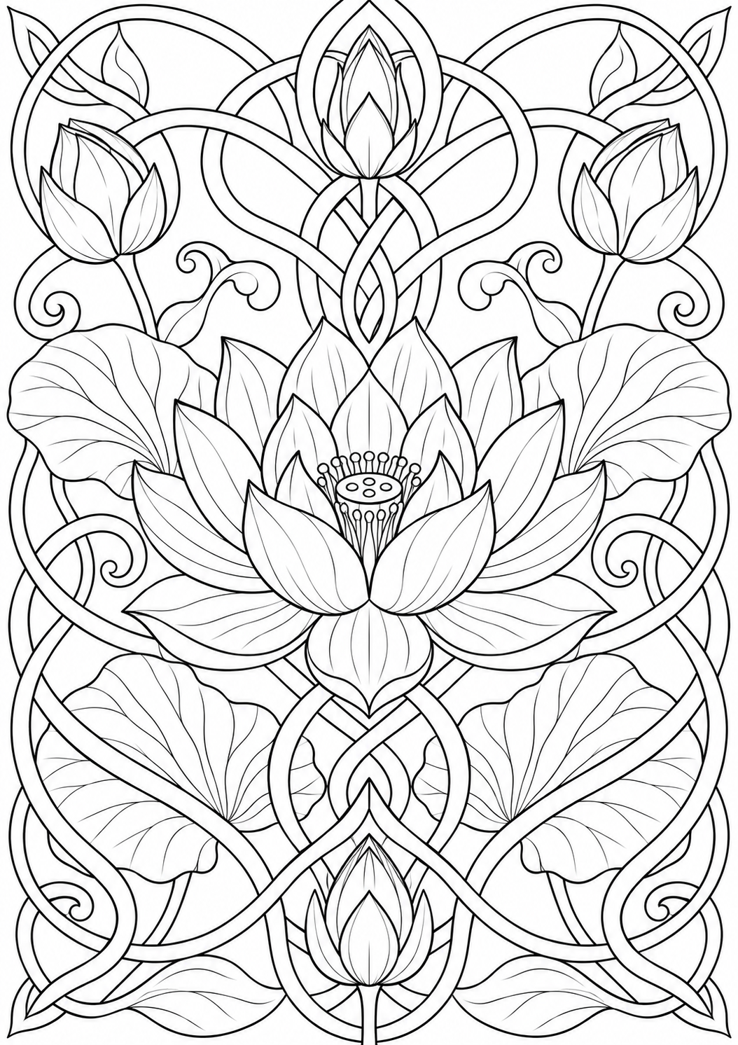 Lotus with ornamental interlacing — black-and-white adult coloring page