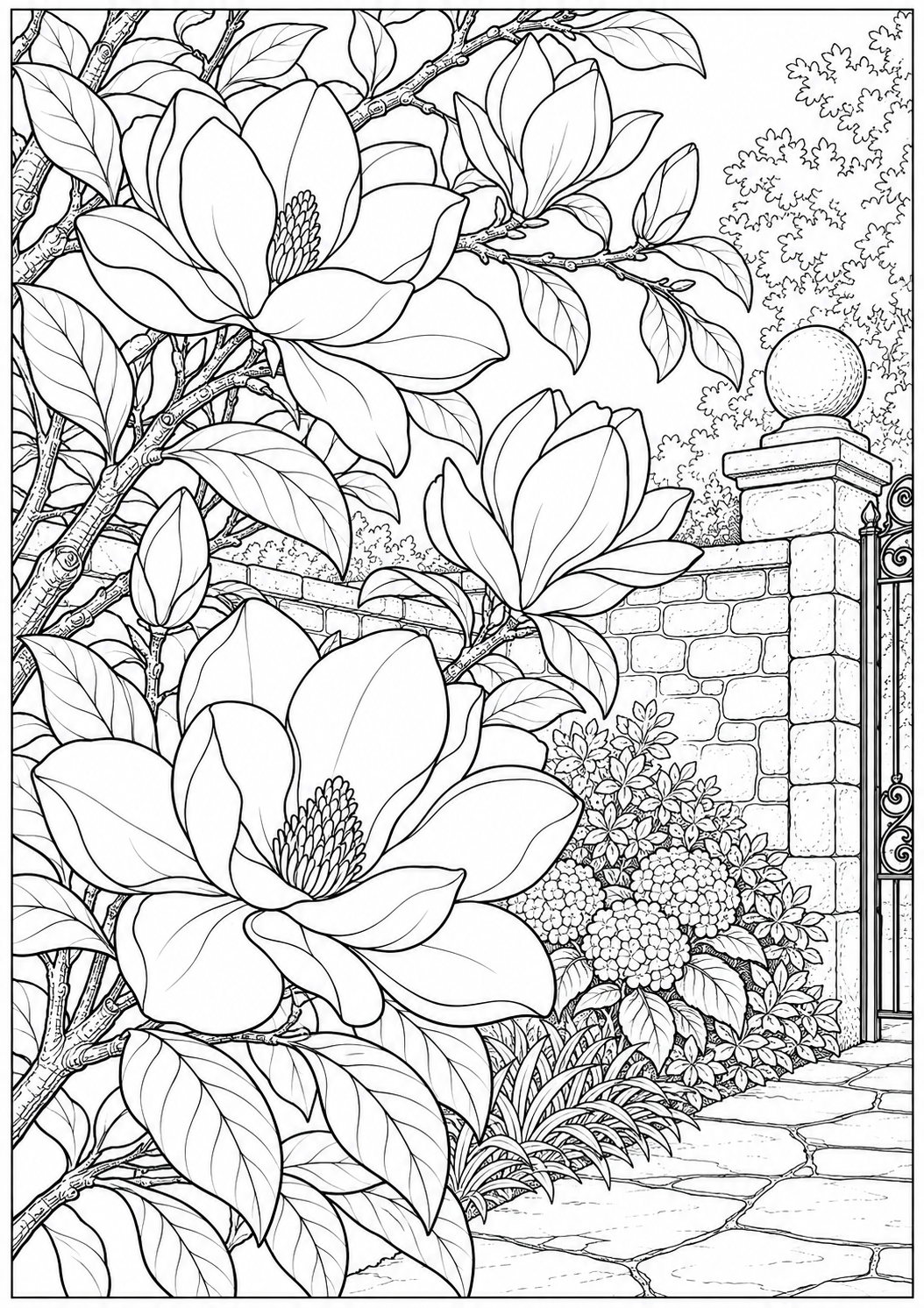 Magnolia by a garden wall — black-and-white adult coloring page