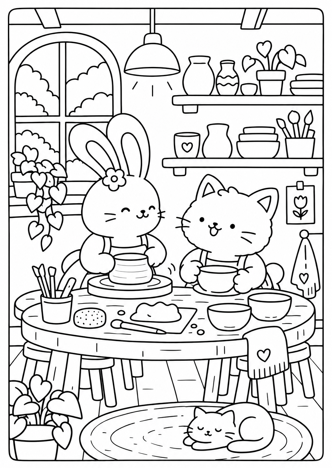 Making pottery together — adult coloring page