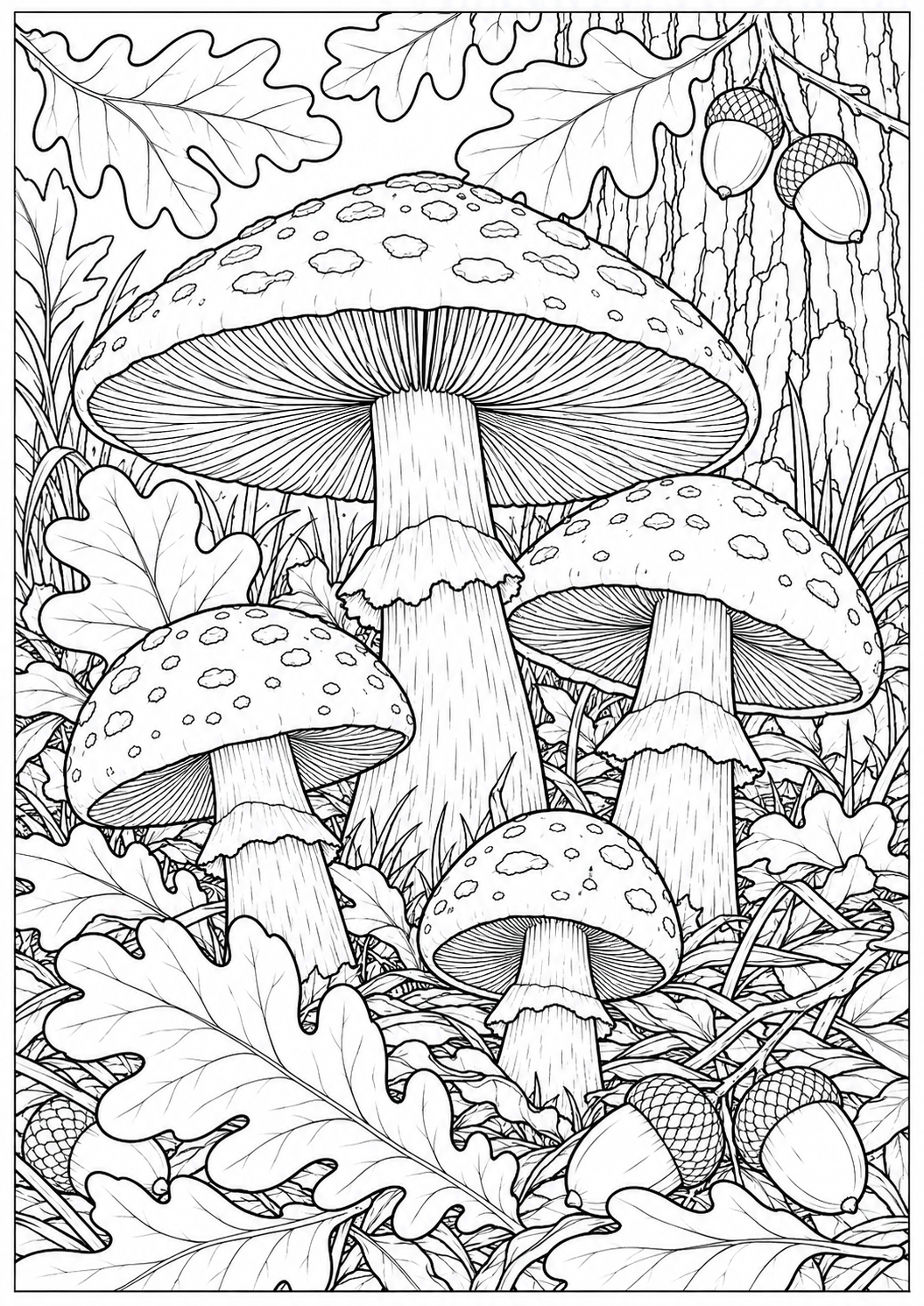 Mushrooms among oak leaves — black-and-white adult coloring page