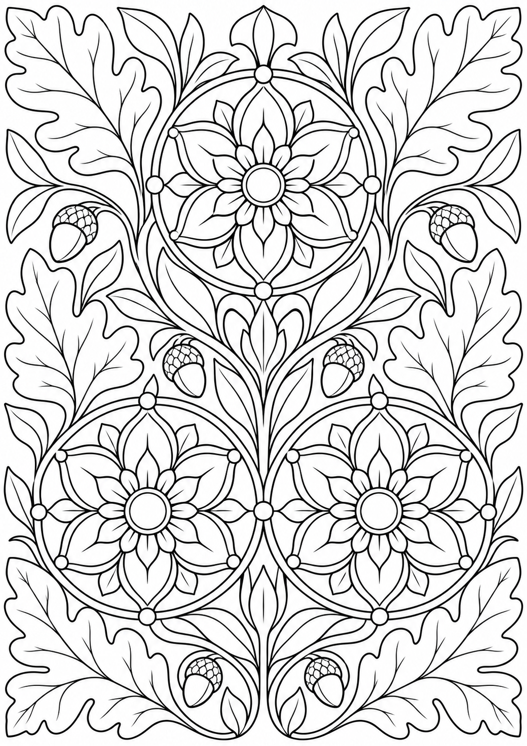 Oak leaf with floral medallions — black-and-white adult coloring page