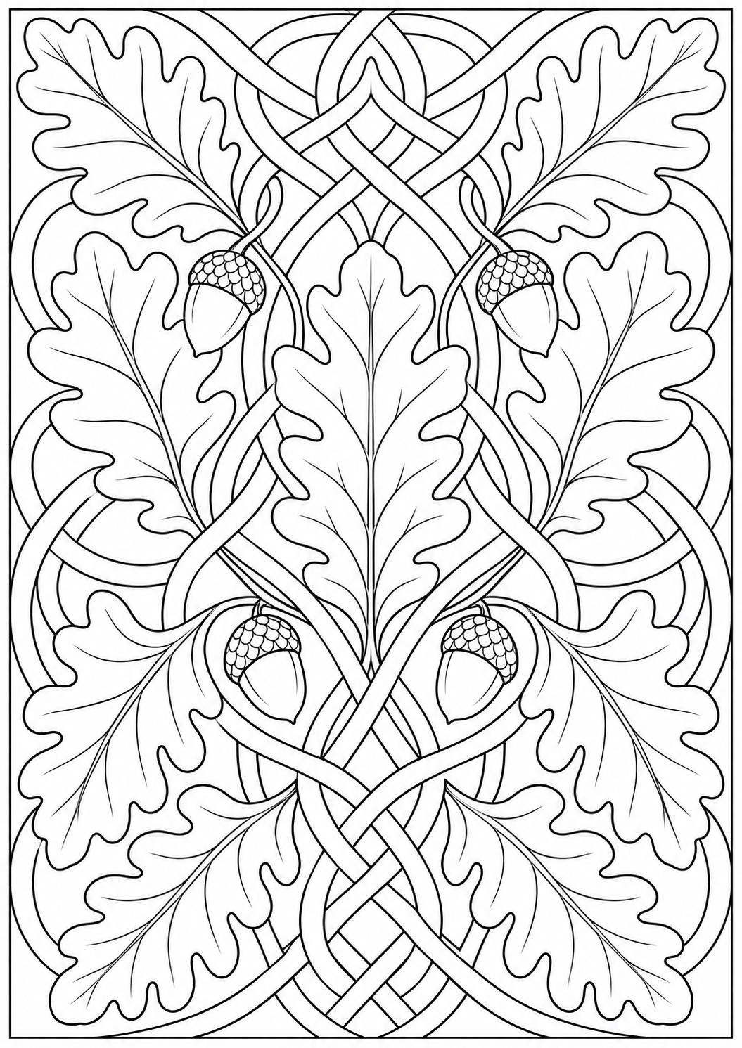 Oak leaf with ornamental interlacing — black-and-white adult coloring page